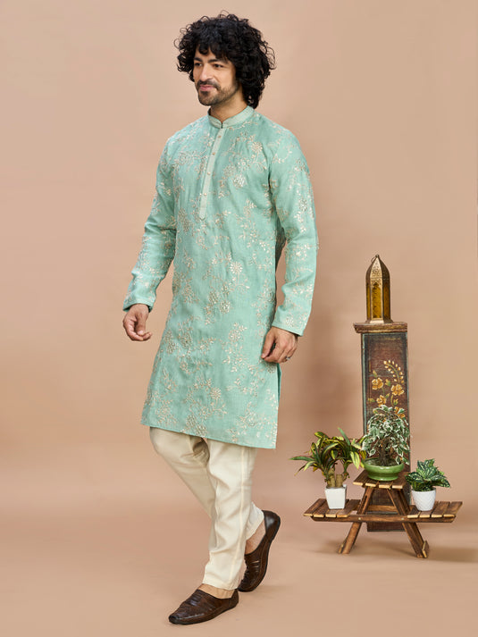 Pista Green Golden Embroidered Kurta for Men