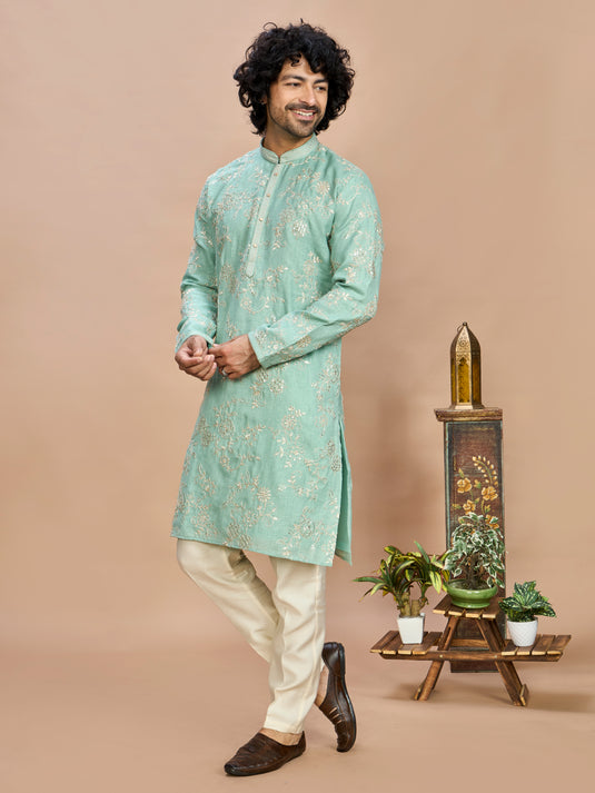 Pista Green Golden Embroidered Kurta for Men