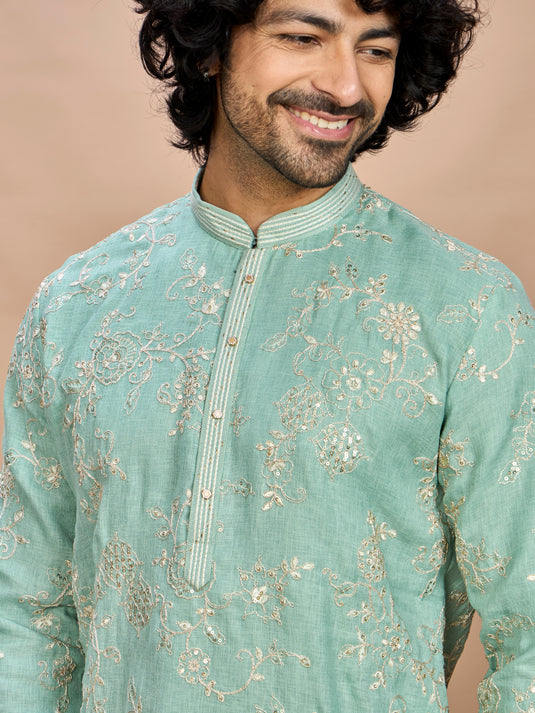 Pista Green Golden Embroidered Kurta for Men