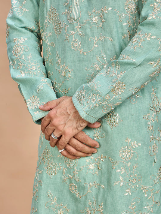 Pista Green Golden Embroidered Kurta for Men