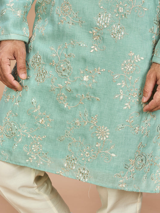 Pista Green Golden Embroidered Kurta for Men