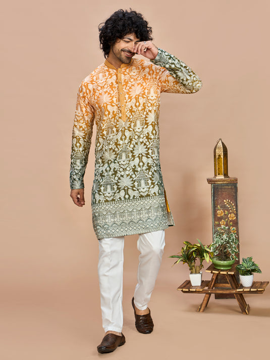 Mustard Ombre Embroidered Kurta for Men