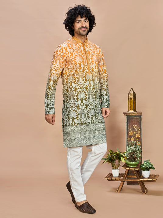 Mustard Ombre Embroidered Kurta for Men