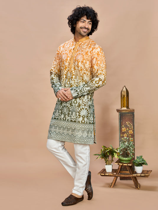 Mustard Ombre Embroidered Kurta for Men