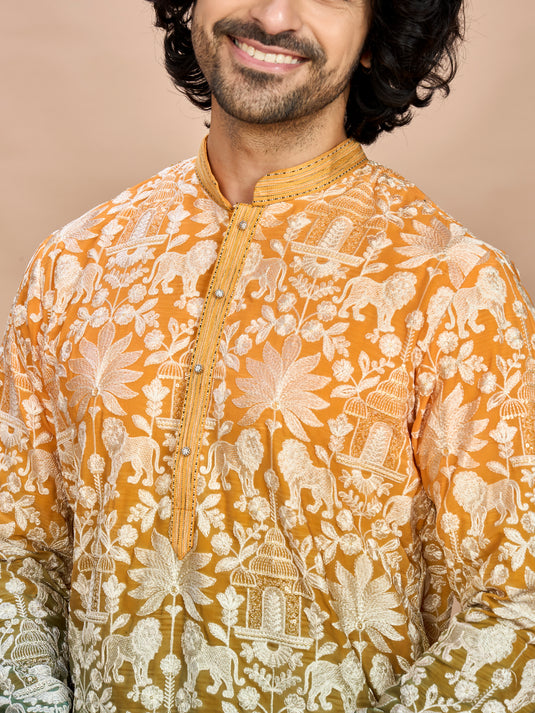 Mustard Ombre Embroidered Kurta for Men