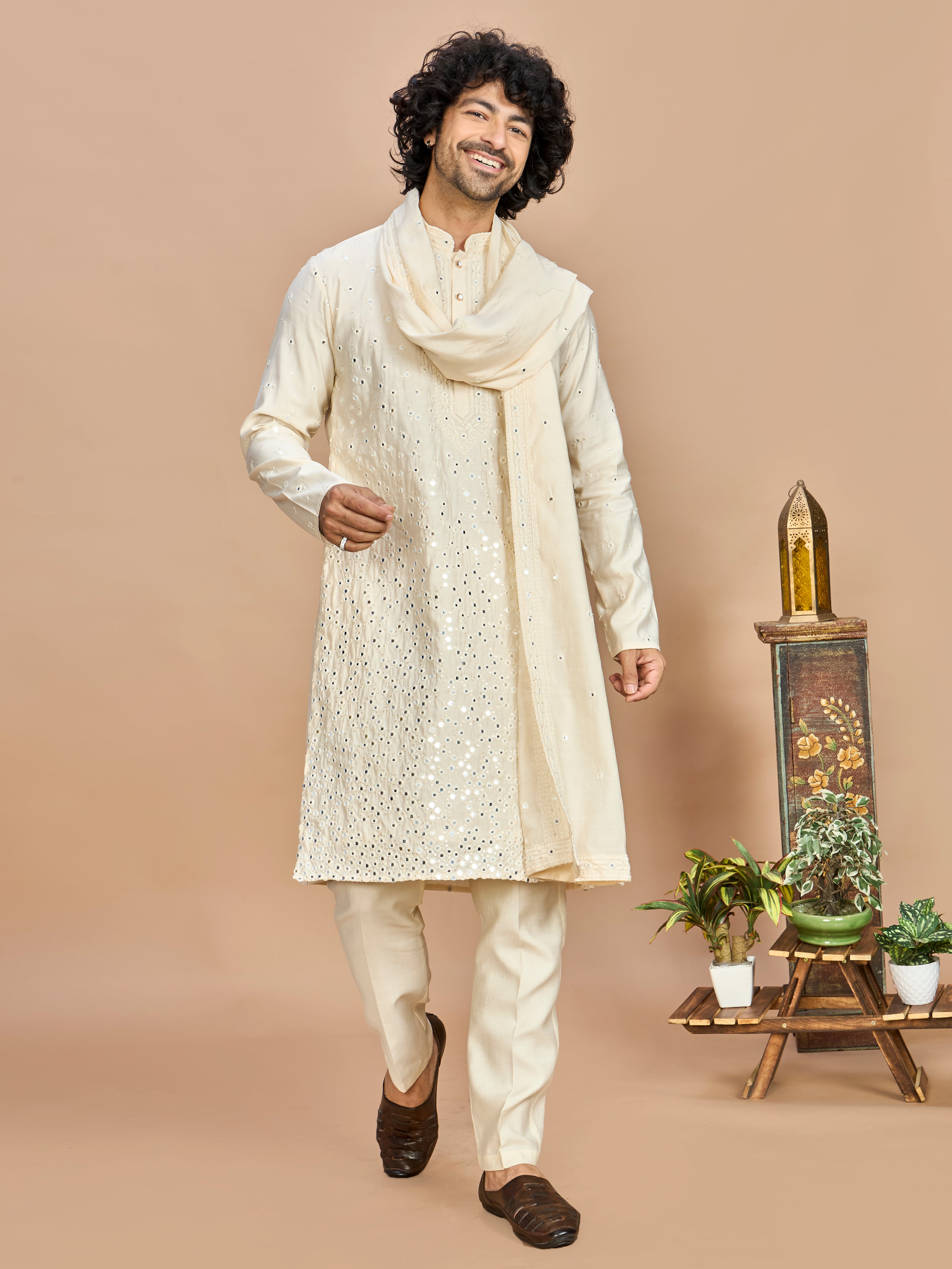 Cream Kurta with Dupatta and Bottom for Men