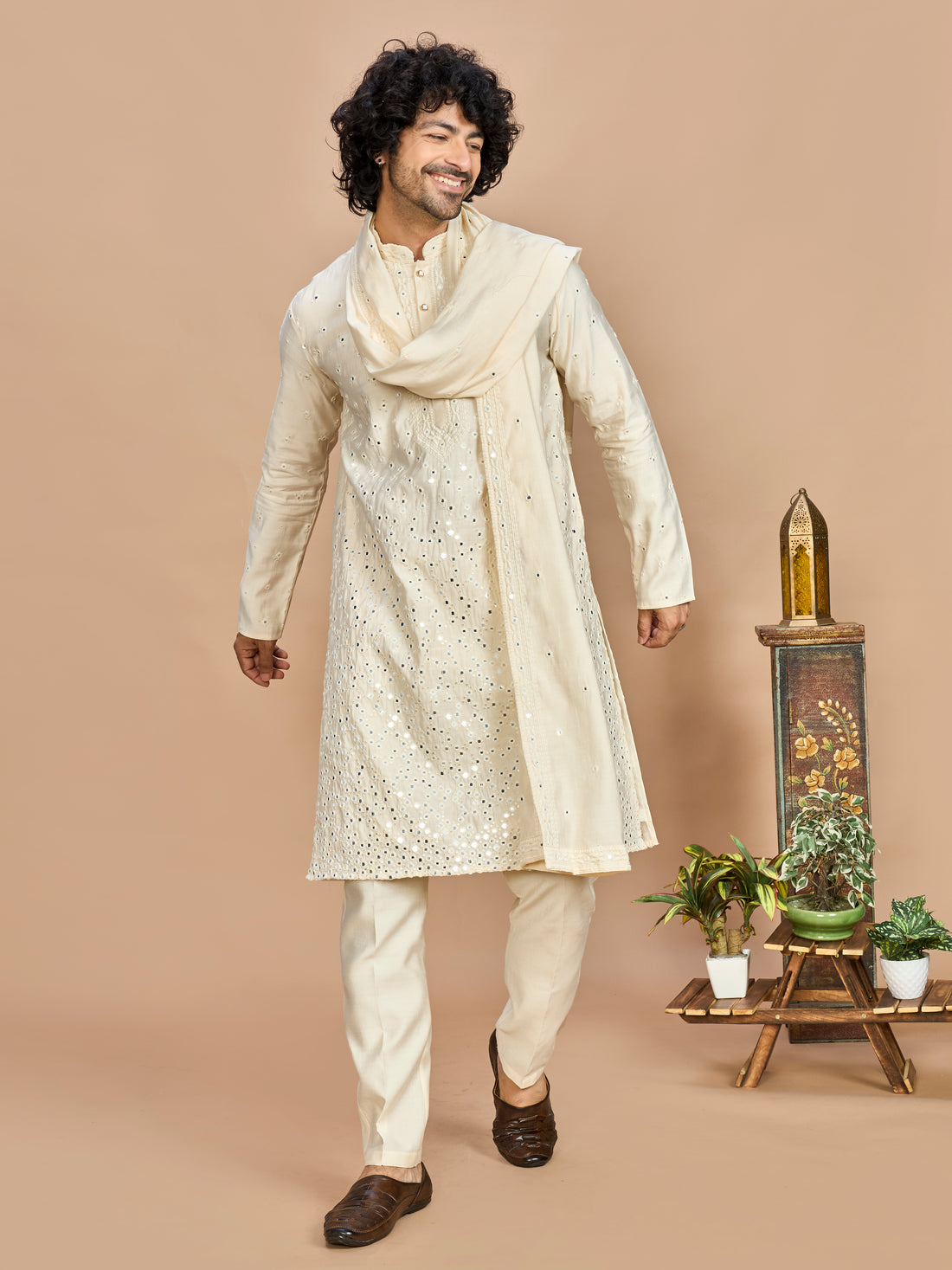 Cream Kurta with Dupatta and Bottom for Men