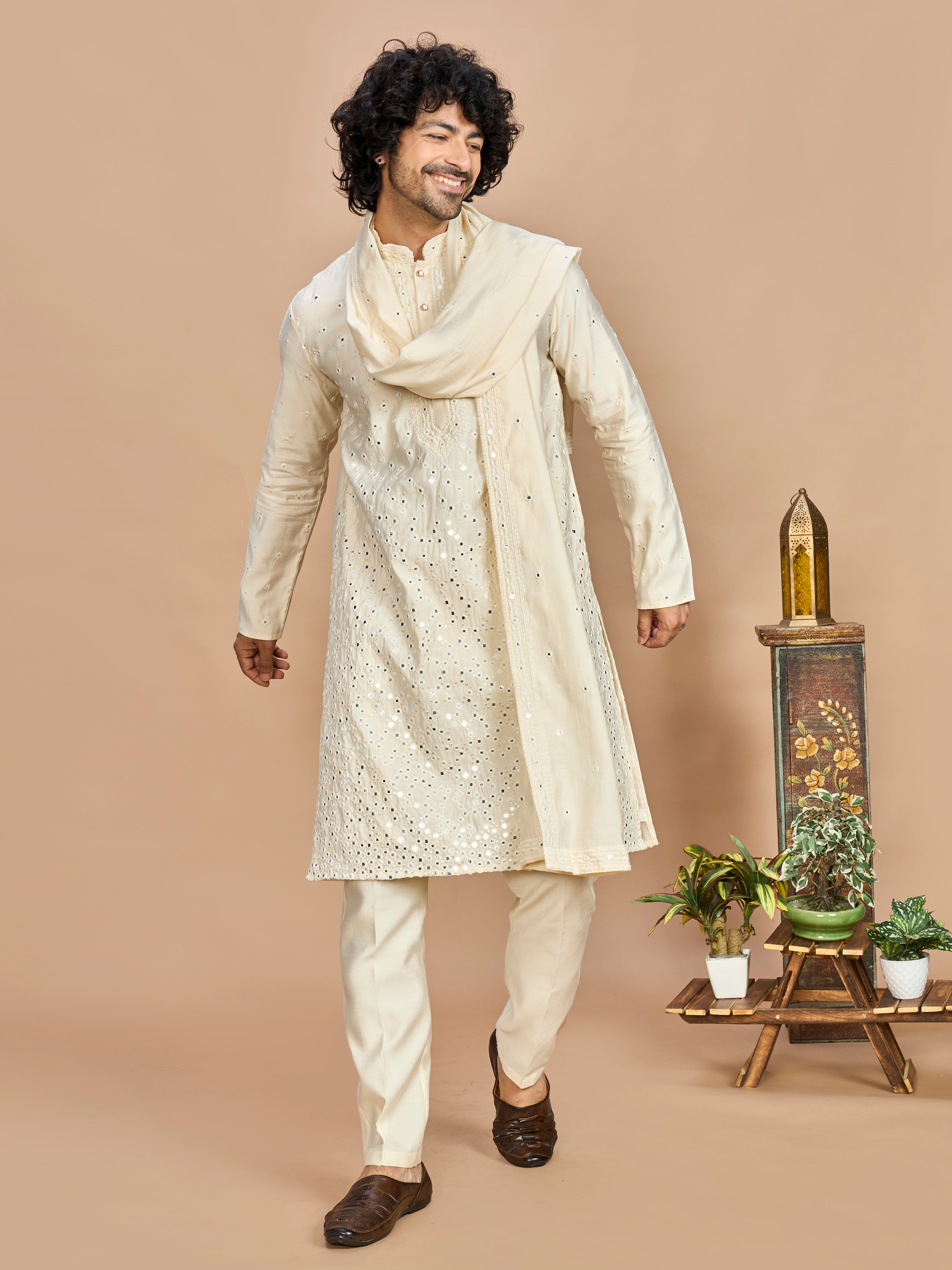 Cream Kurta with Dupatta and Bottom for Men