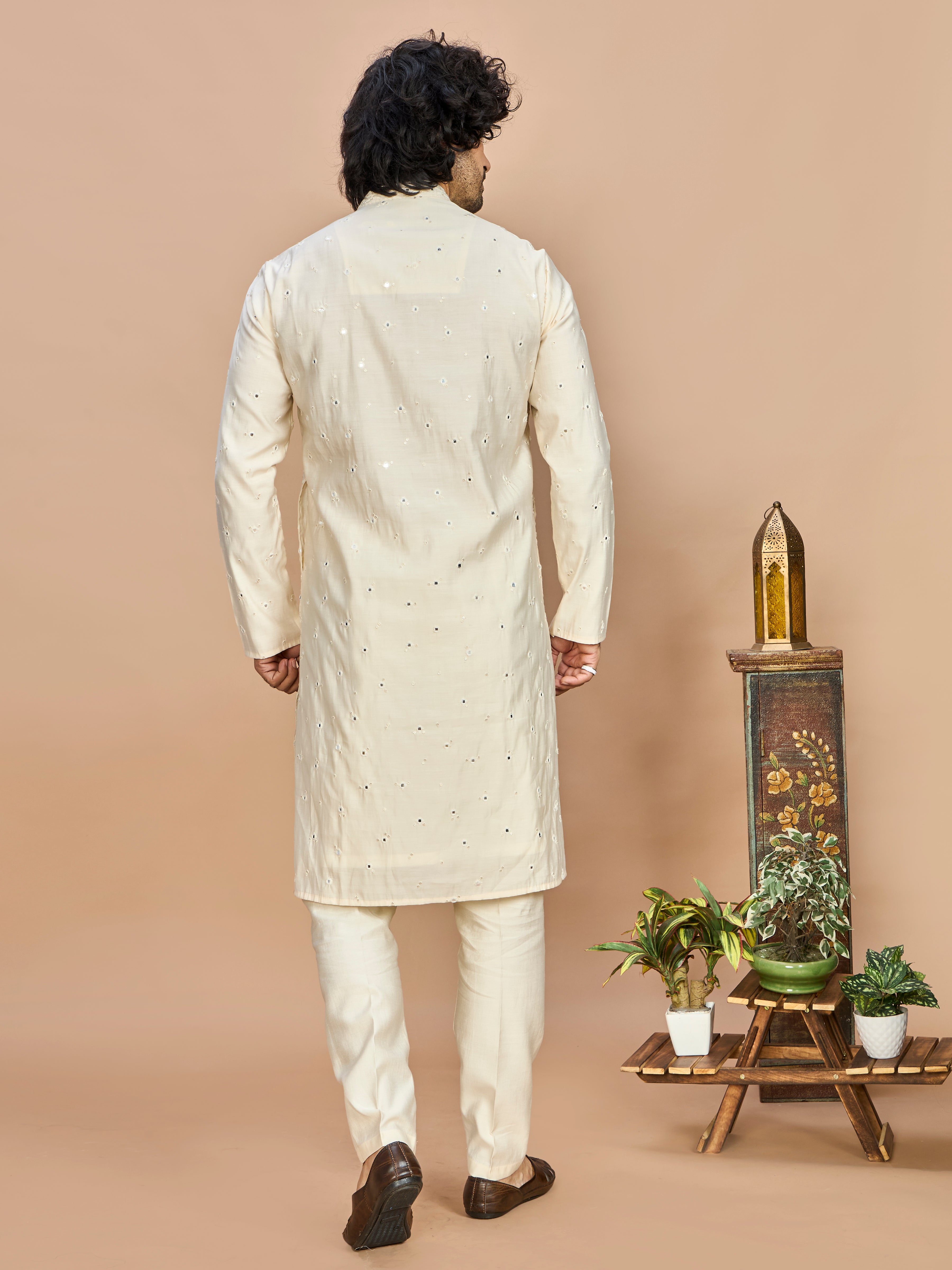 Cream Kurta with Dupatta and Bottom for Men