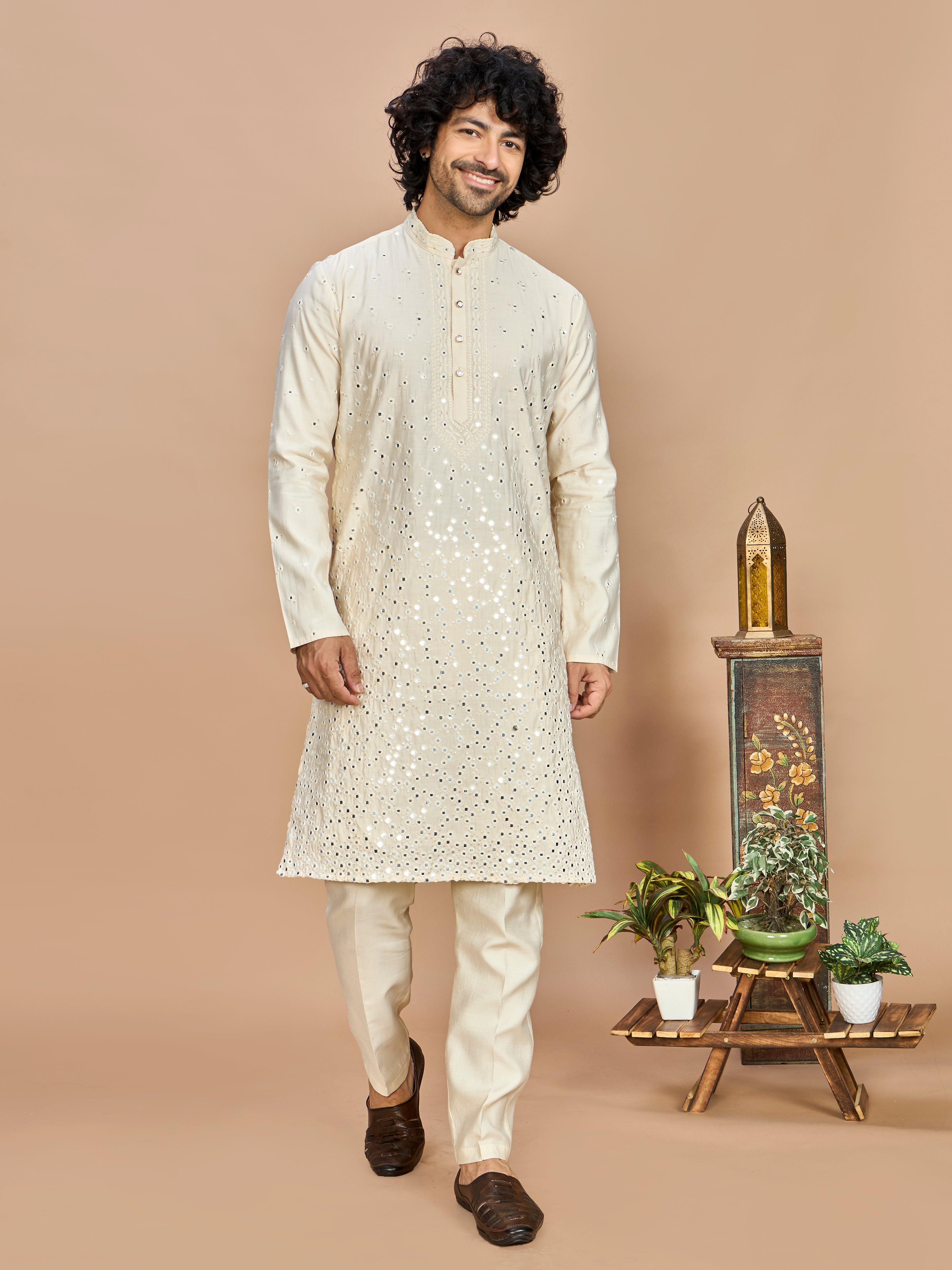 Cream Kurta with Dupatta and Bottom for Men