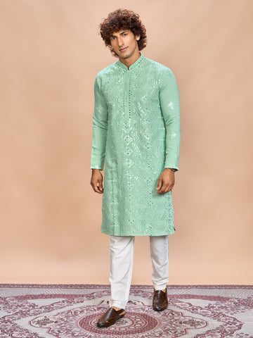 Sea Green Silk Embroidered Kurta Set