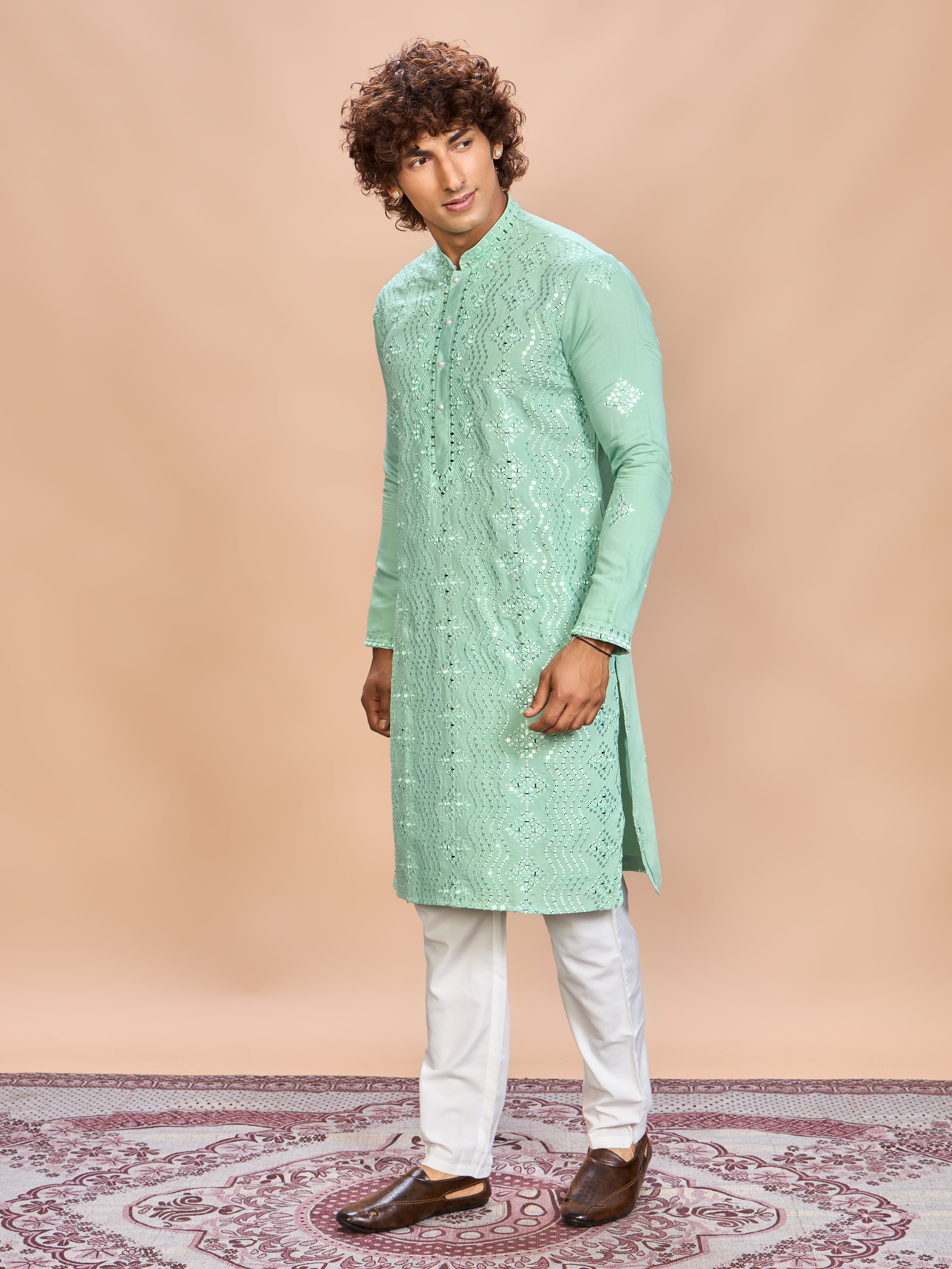Sea Green Silk Embroidered Kurta Set