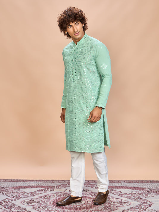 Sea Green Silk Embroidered Kurta Set