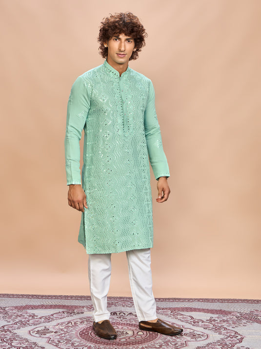Sea Green Silk Embroidered Kurta Set