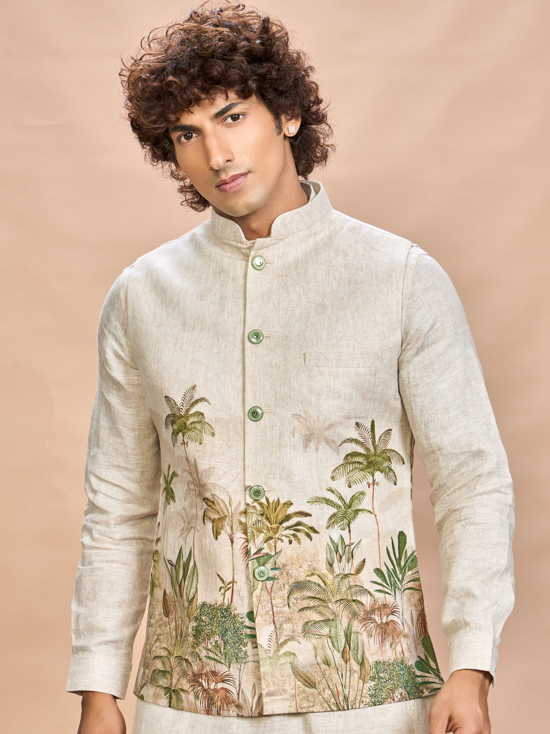 Green Nature Print Linen Jacket Kurta Set for Men