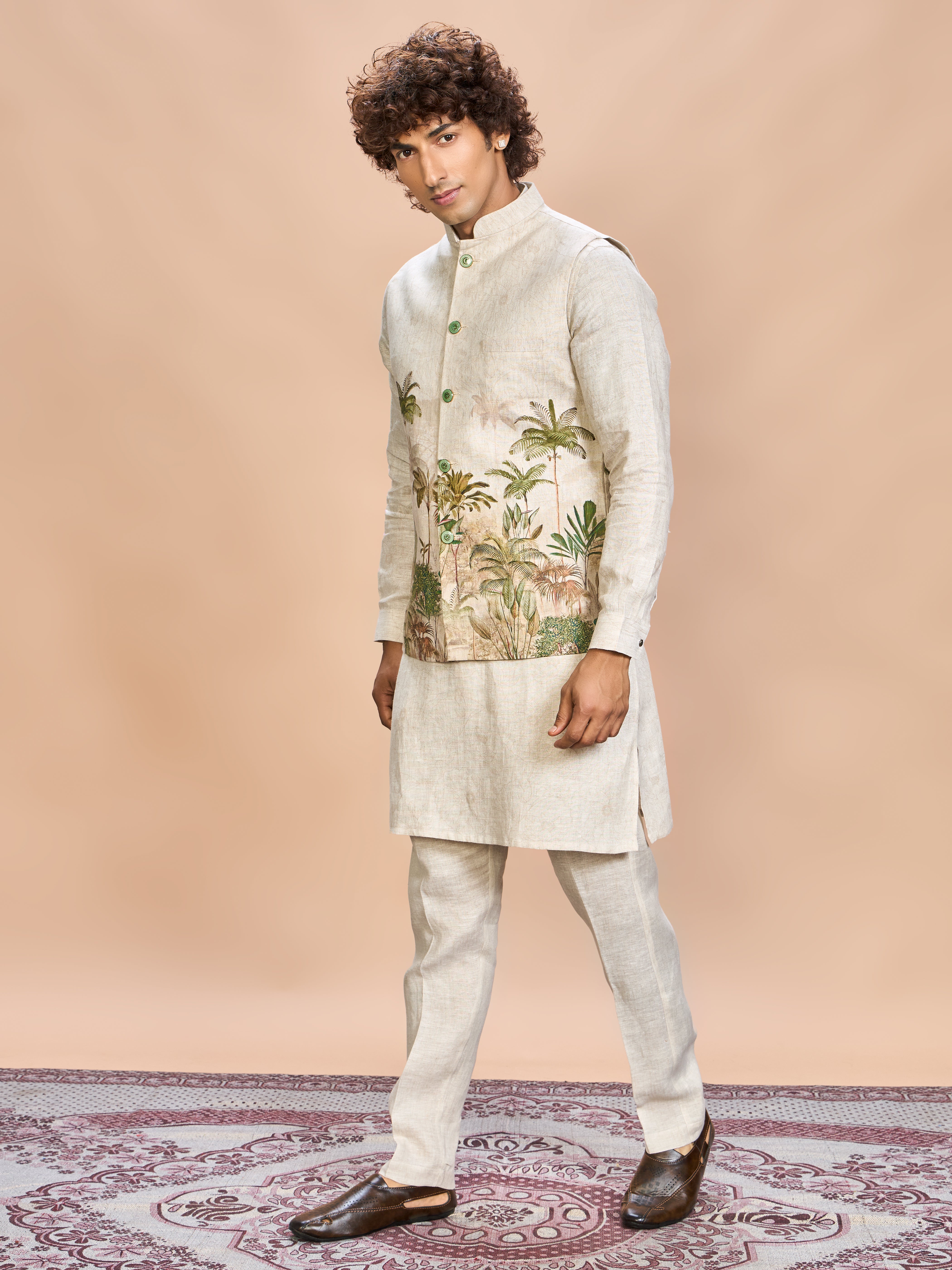 Green Nature Print Linen Jacket Kurta Set for Men
