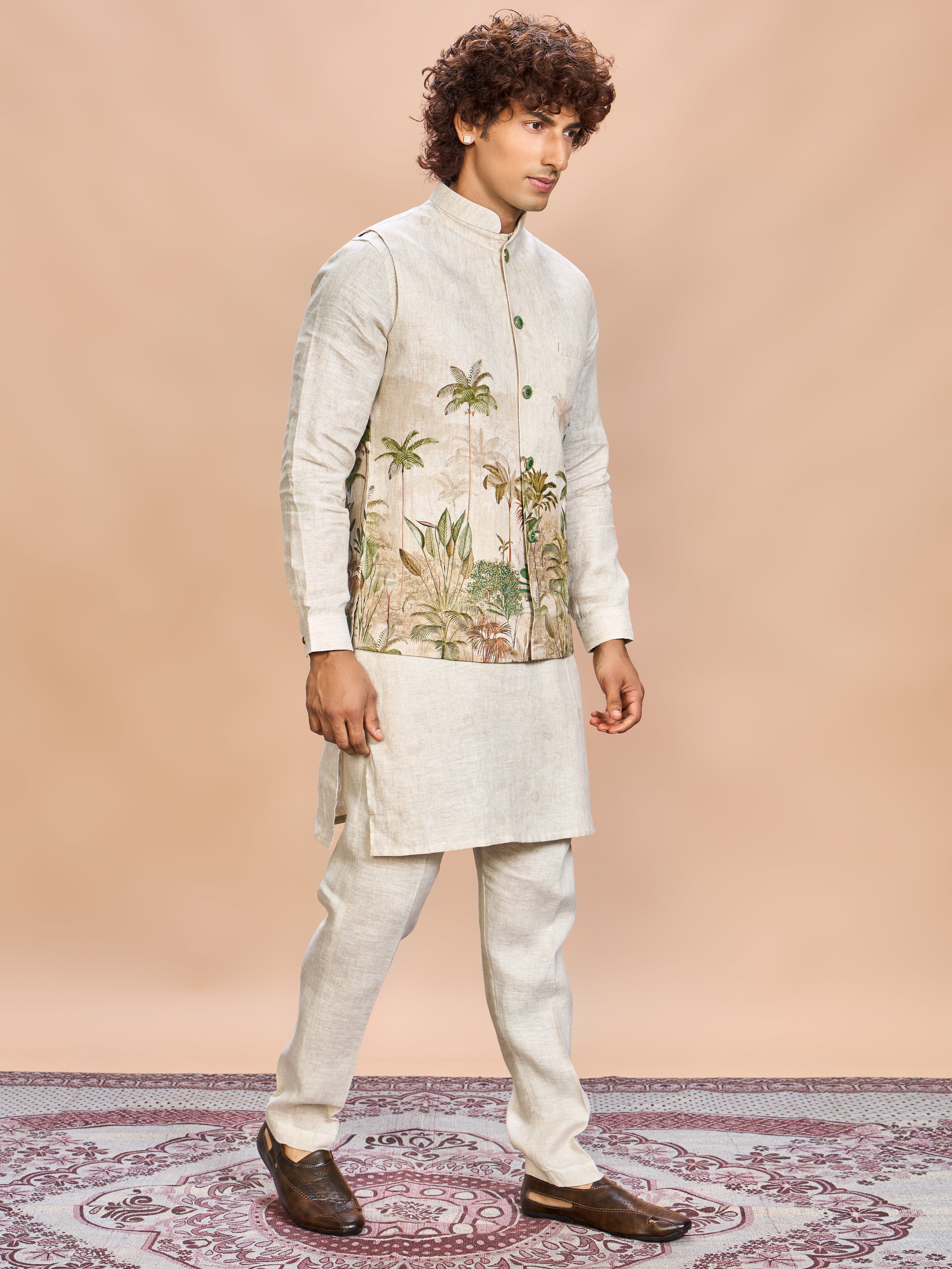 Green Nature Print Linen Jacket Kurta Set for Men
