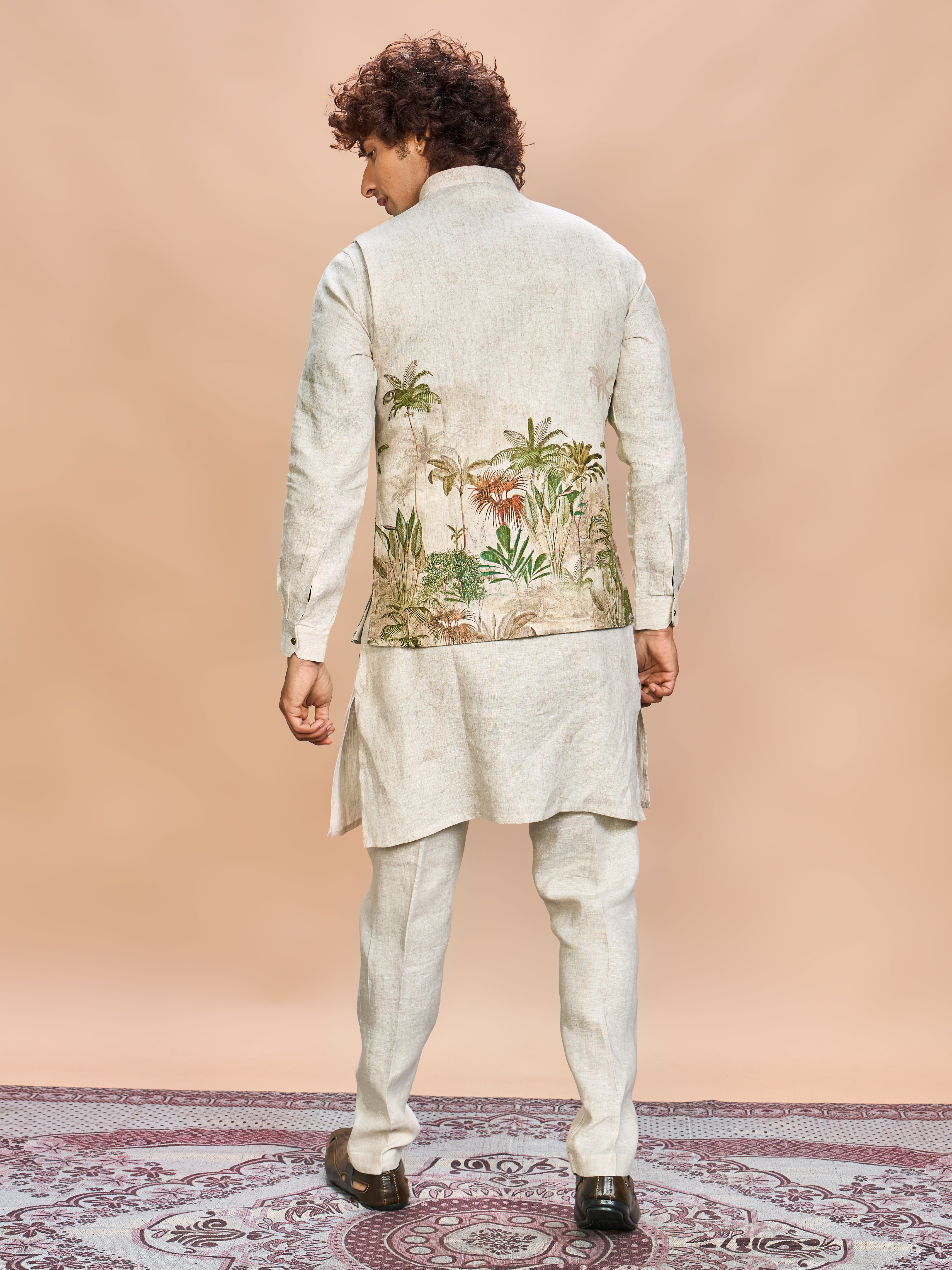 Green Nature Print Linen Jacket Kurta Set for Men