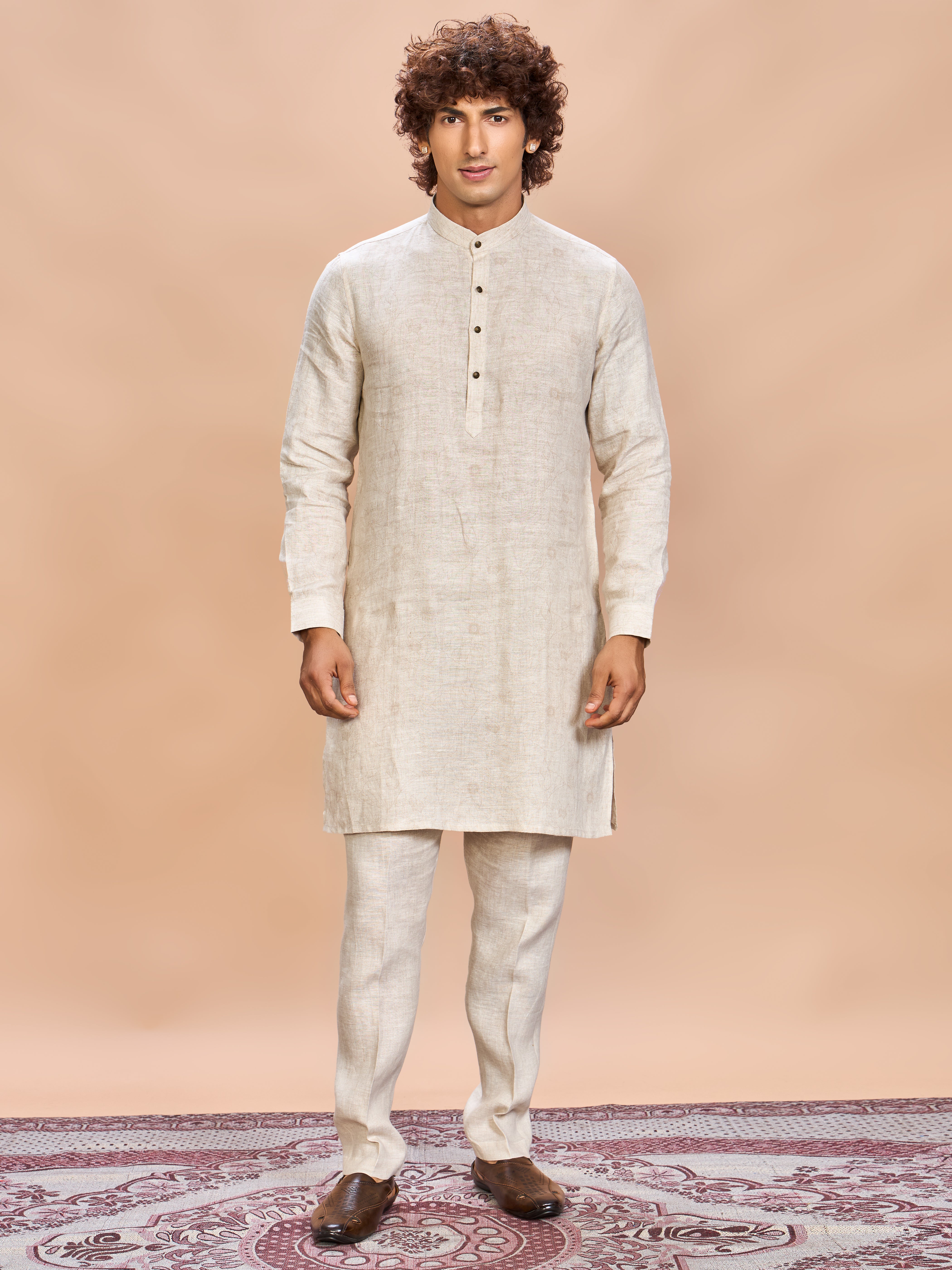 Green Nature Print Linen Jacket Kurta Set for Men