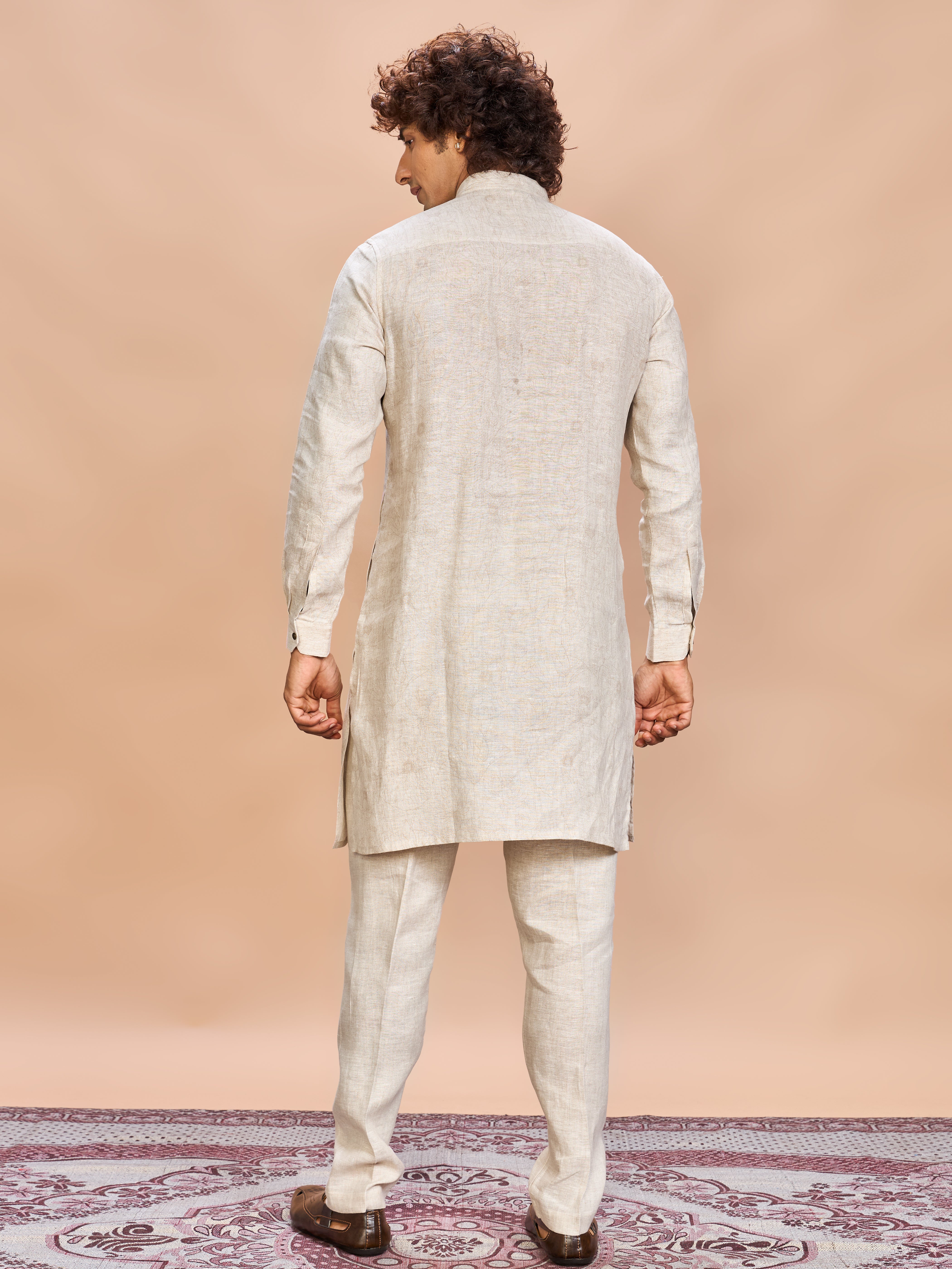 Green Nature Print Linen Jacket Kurta Set for Men