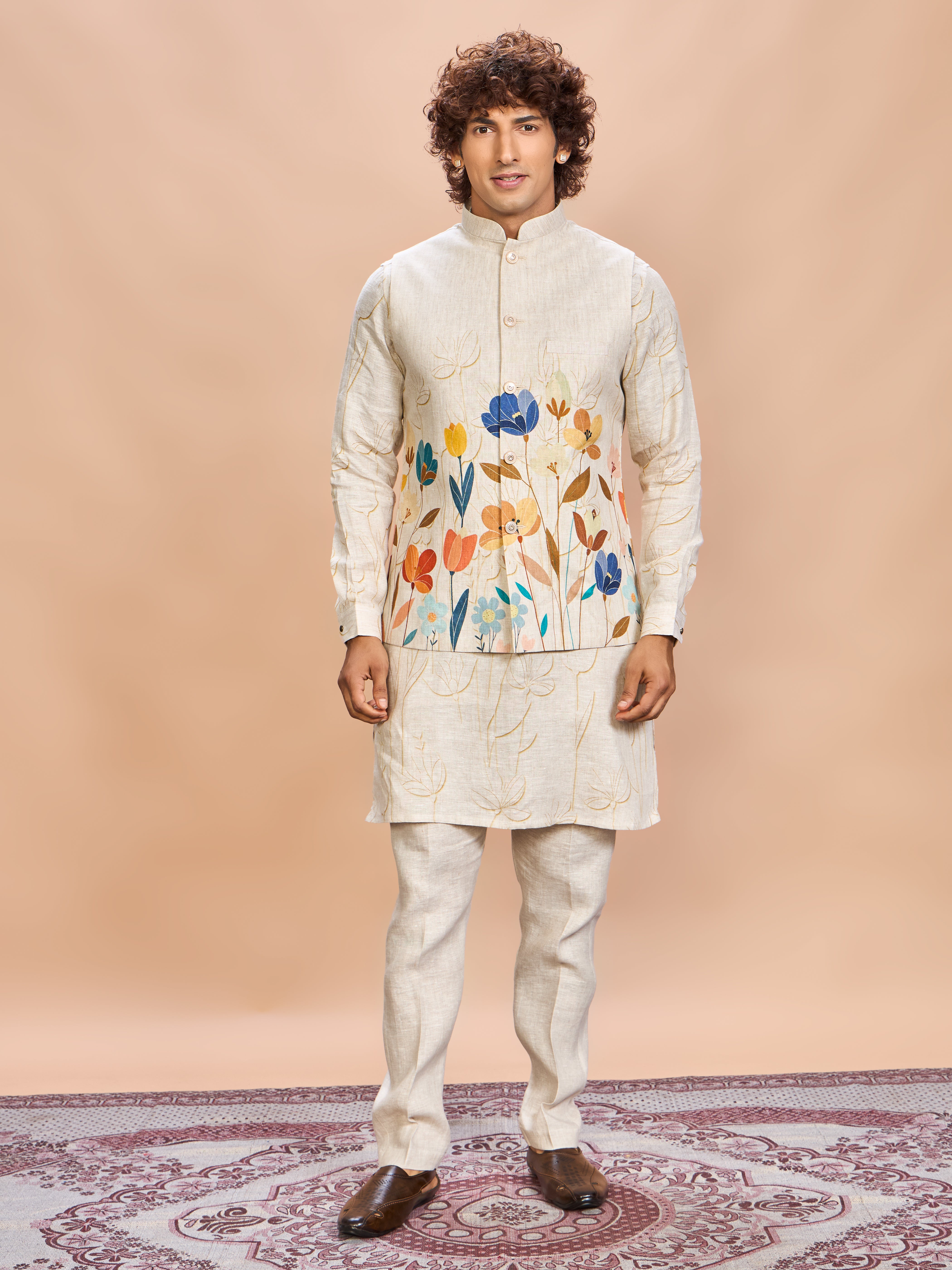 Orange Floral Linen Jacket Kurta Set for Men
