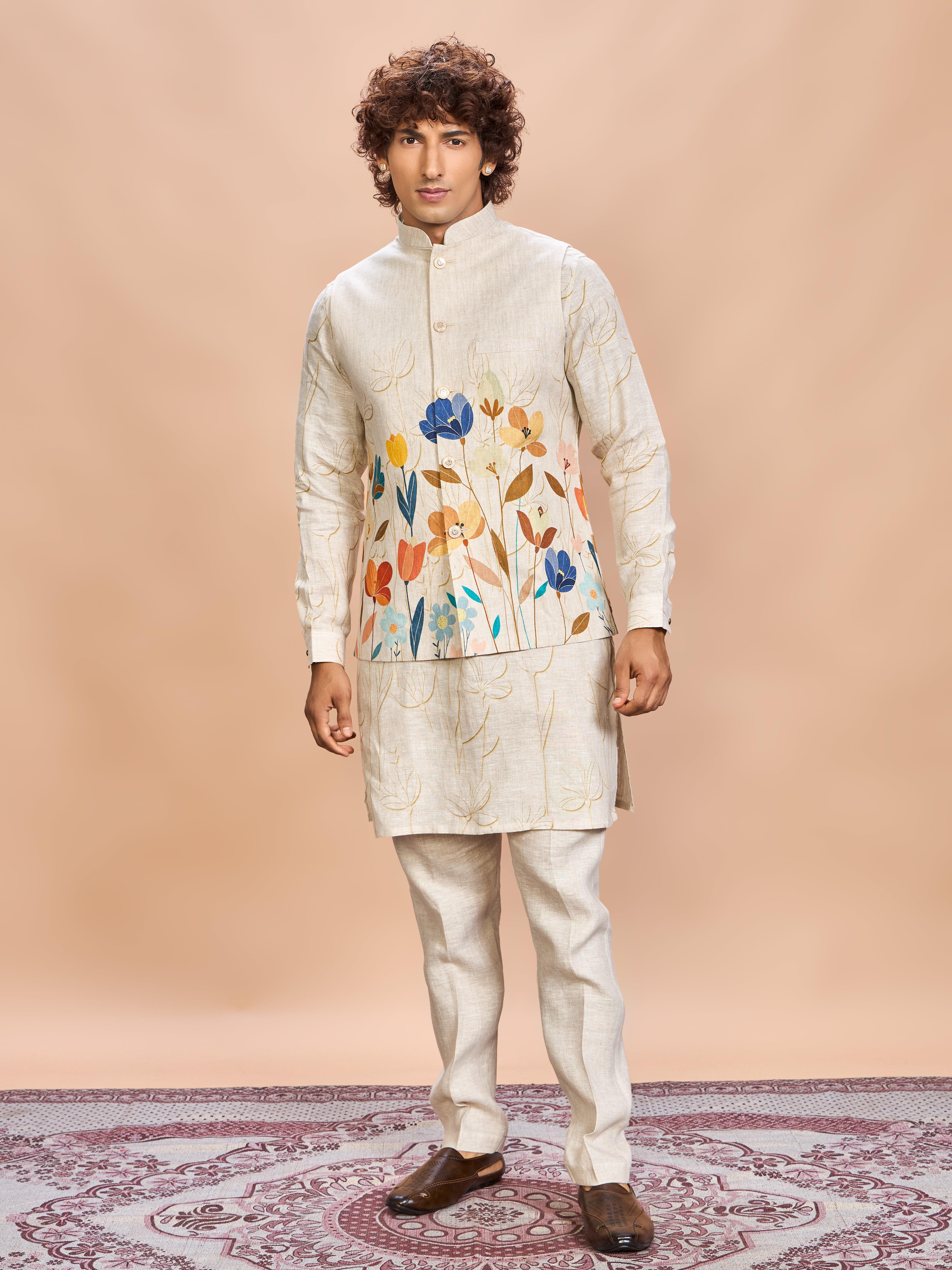 Orange Floral Linen Jacket Kurta Set for Men