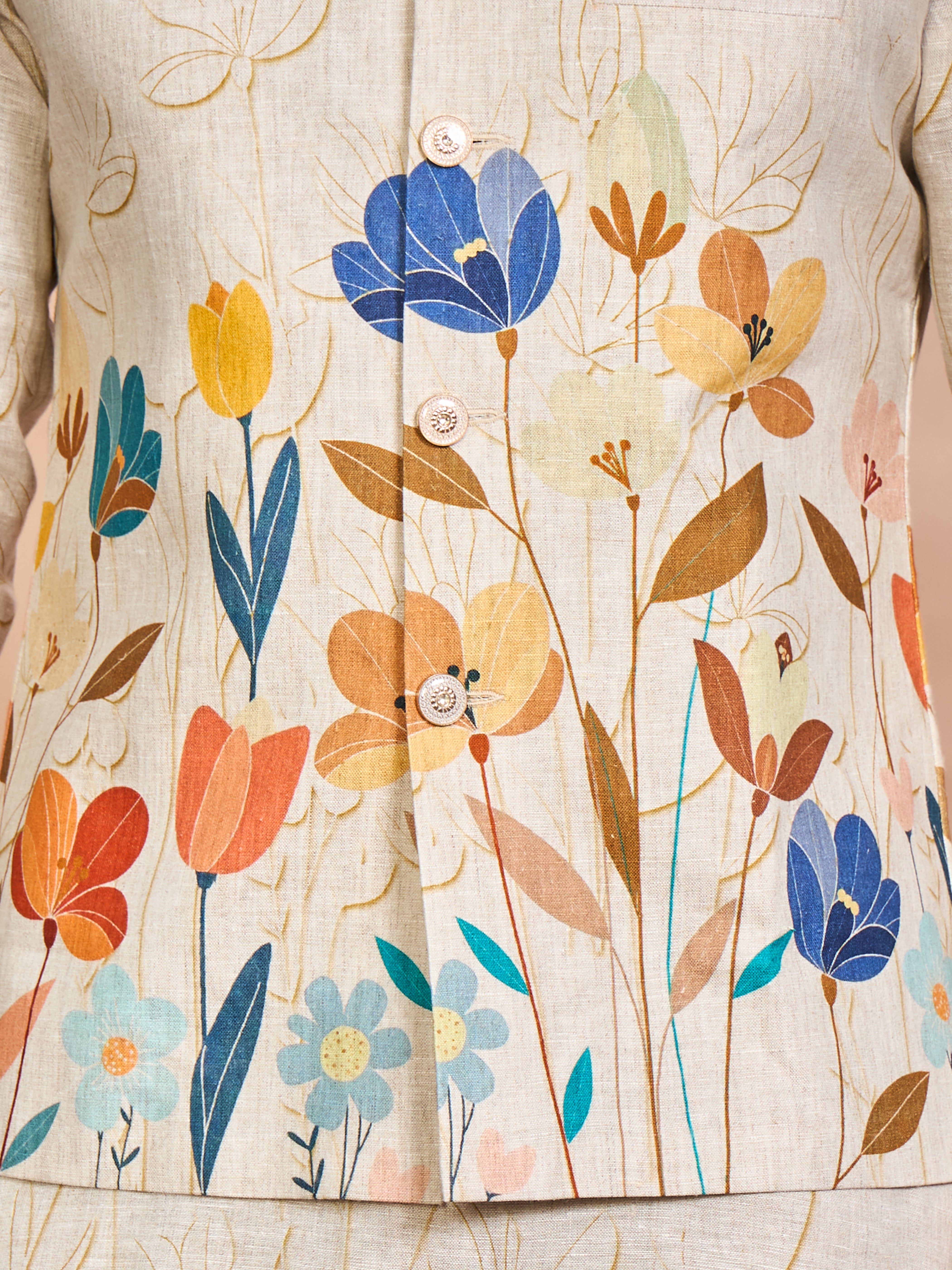 Orange Floral Linen Jacket Kurta Set for Men