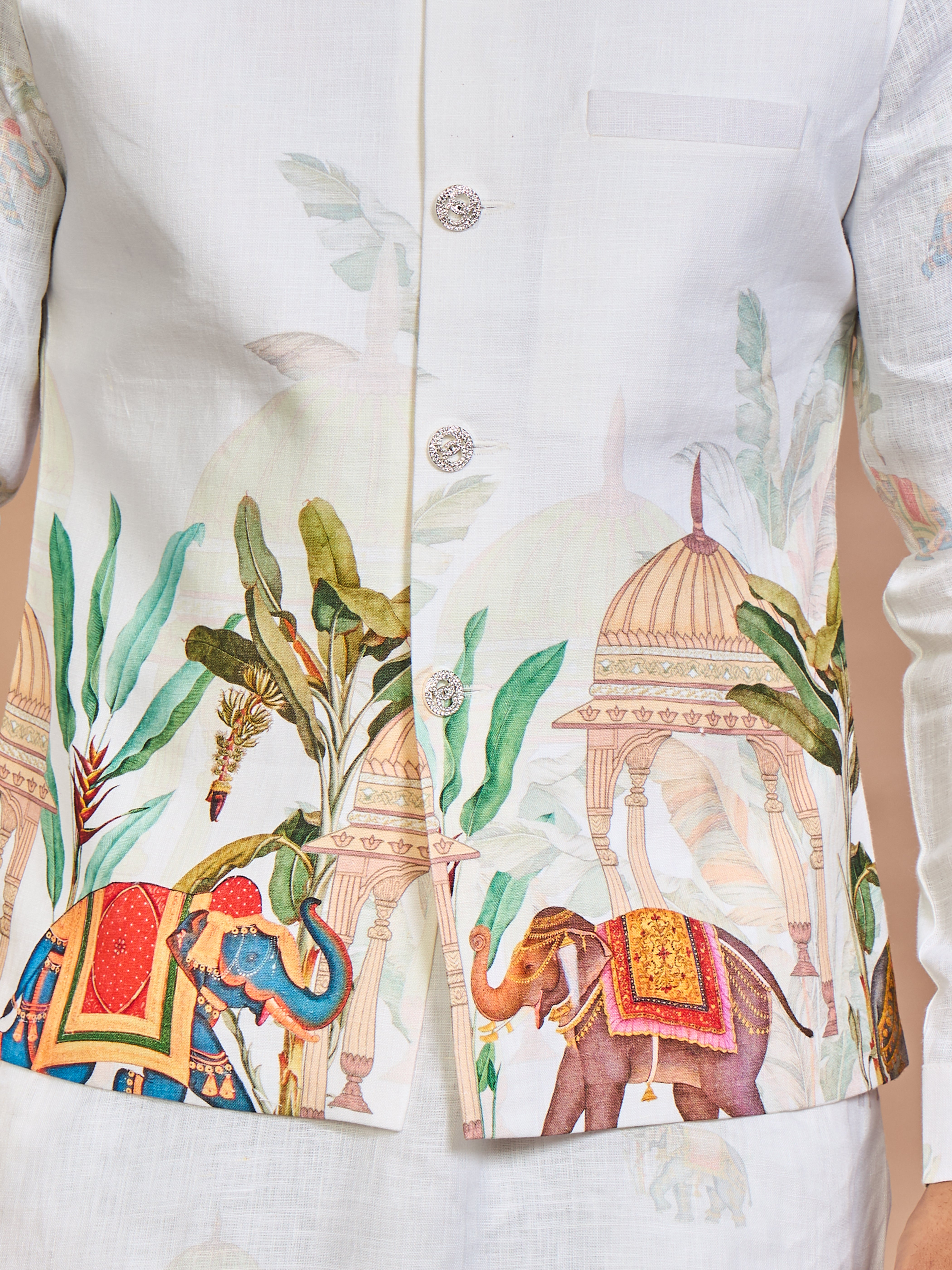 Cream Printed Linen Jacket Kurta Set for Men