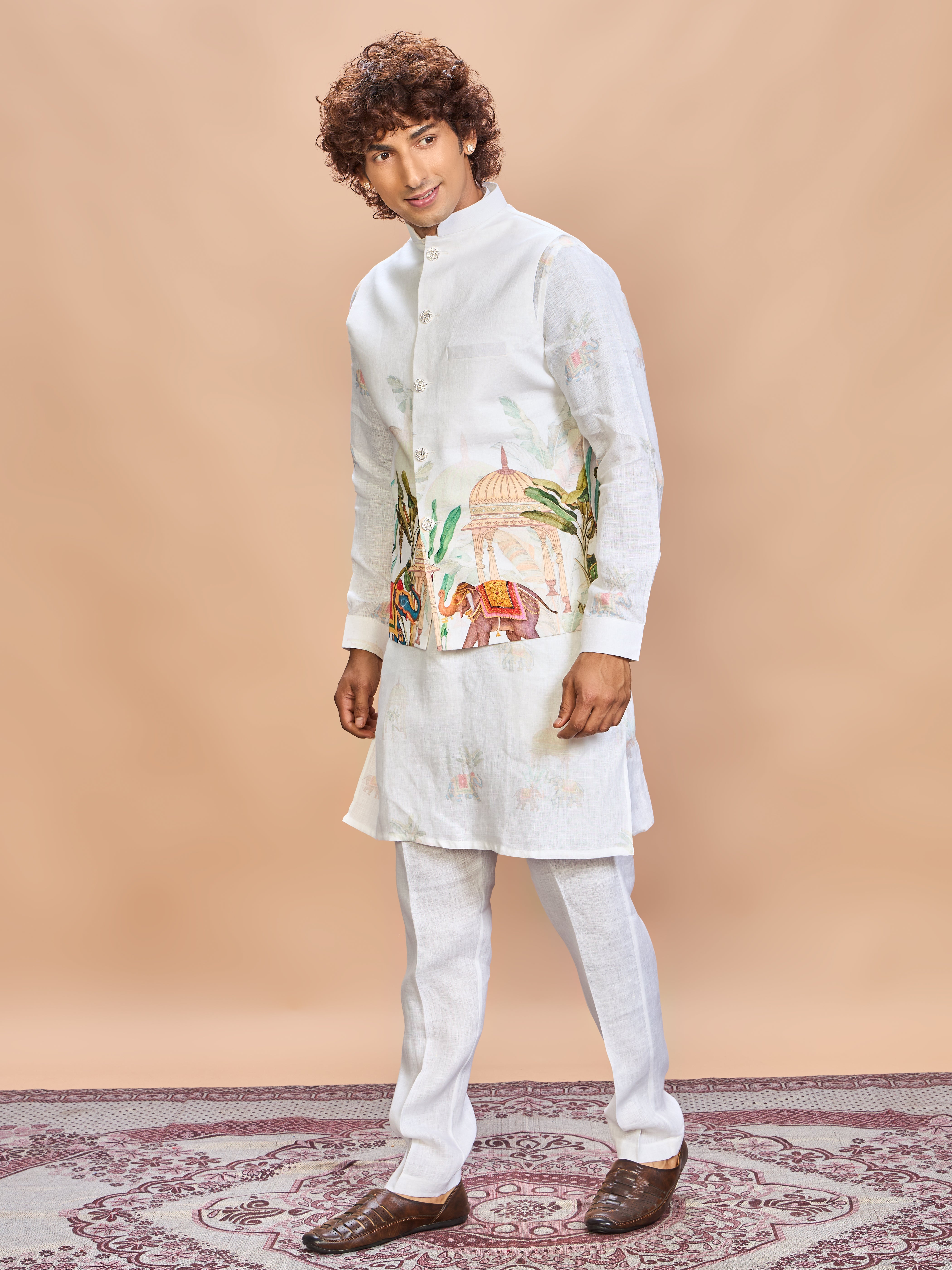Cream Printed Linen Jacket Kurta Set for Men