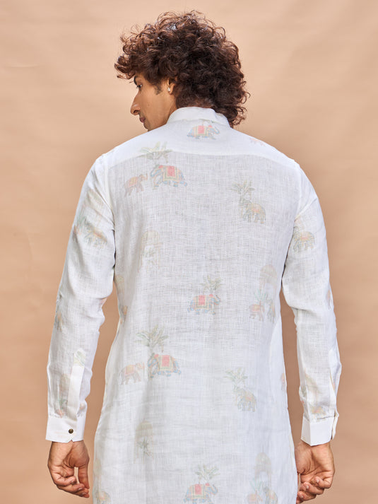 Cream Printed Linen Jacket Kurta Set for Men