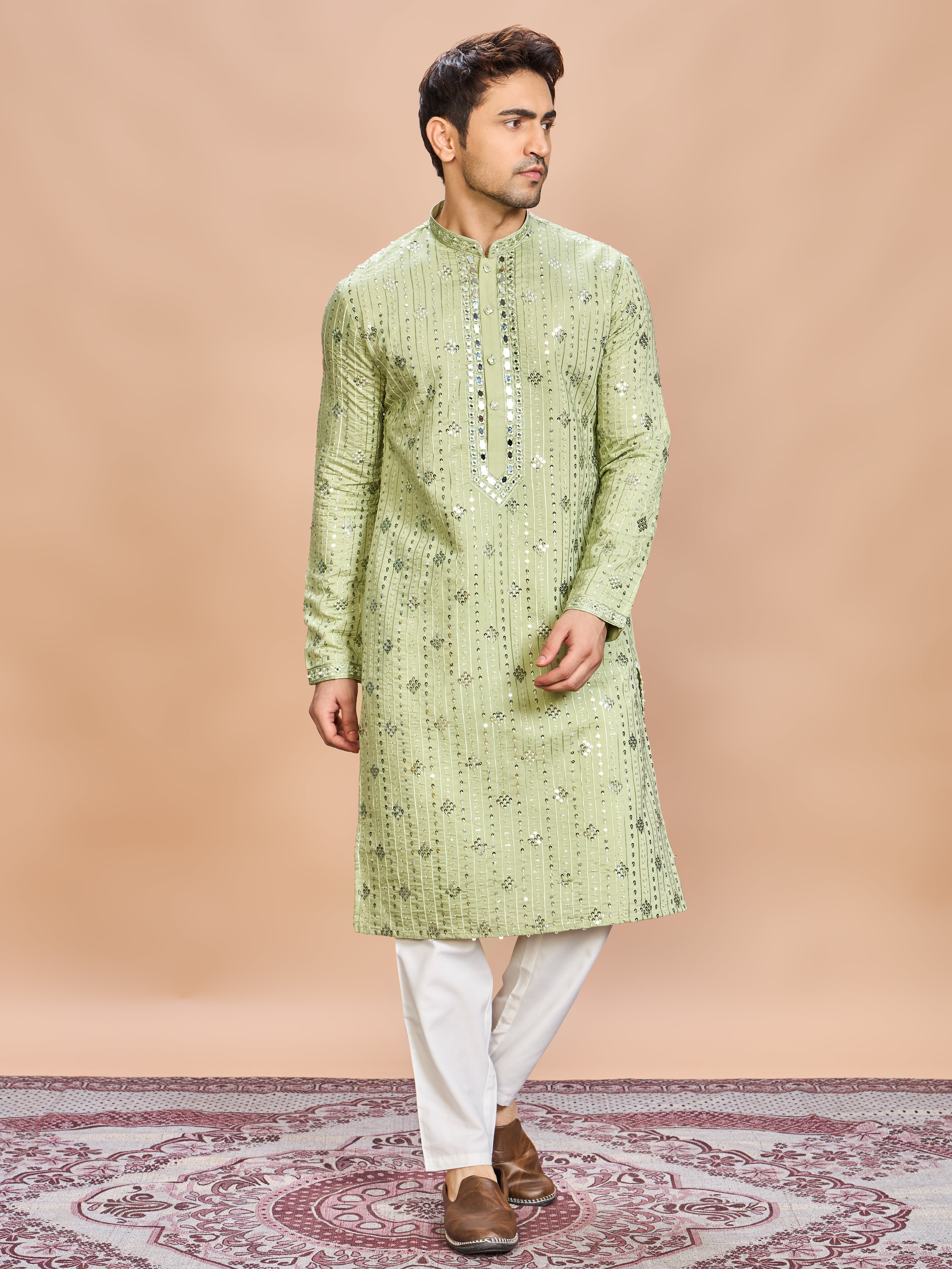 Green Silk Embroidered Kurta Set