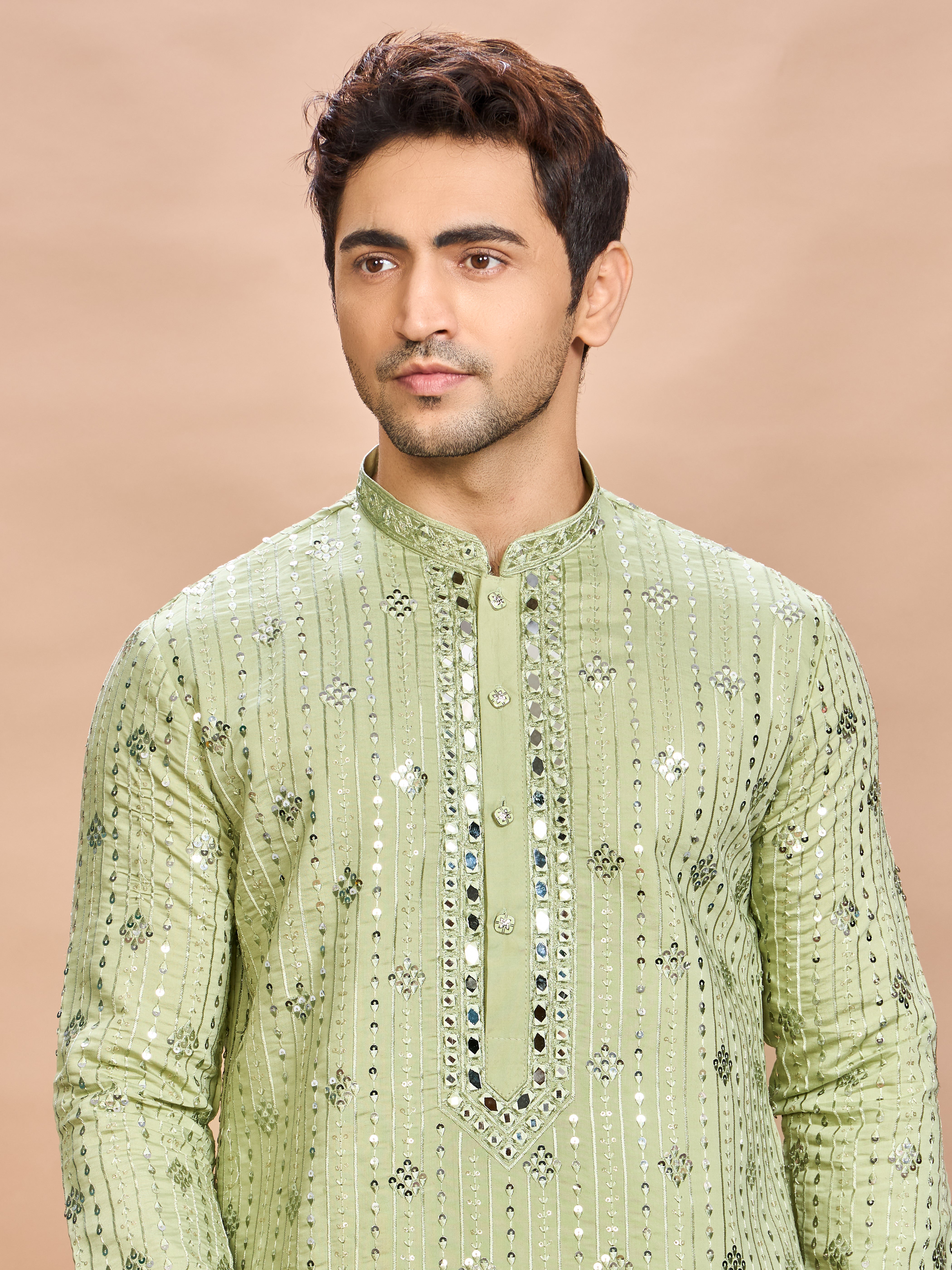 Green Silk Embroidered Kurta Set