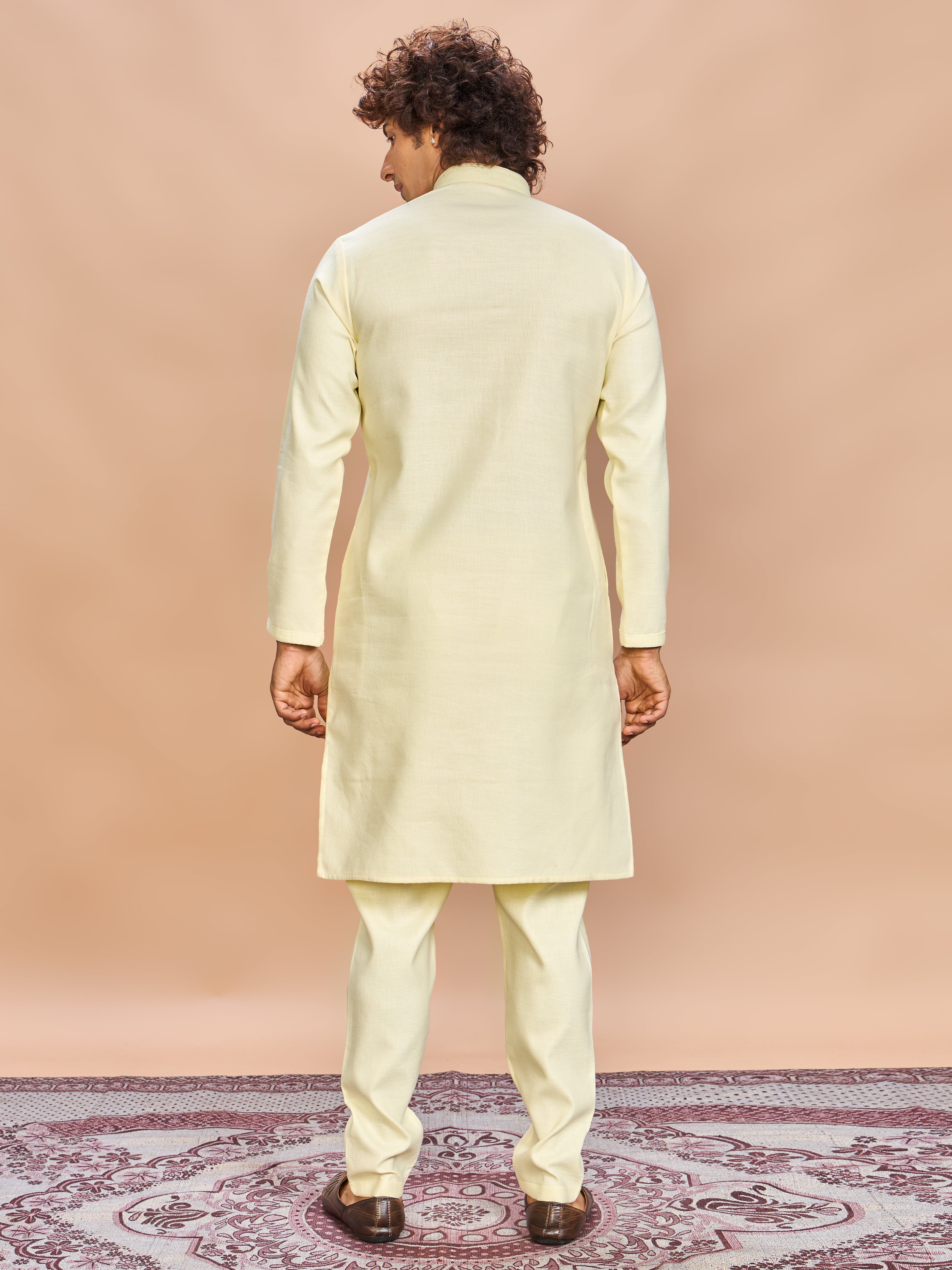 Light Yellow Linen Kurta Set for Men