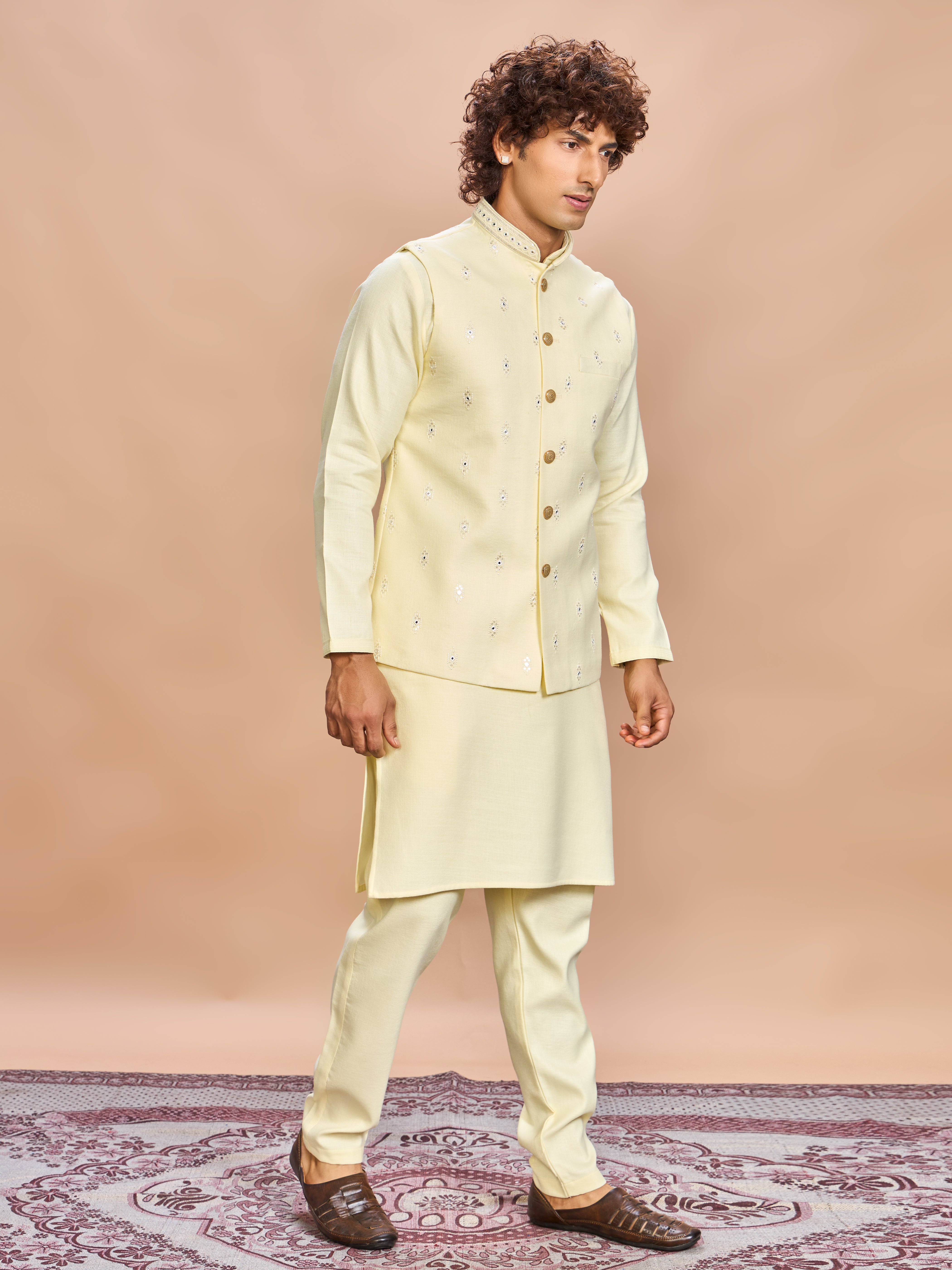 Light Yellow Linen Kurta Set for Men