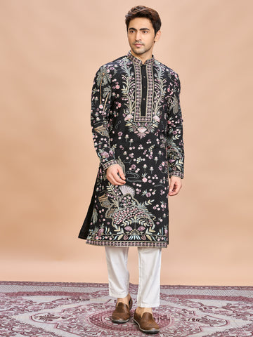 Black Silk Embroidered Kurta Set