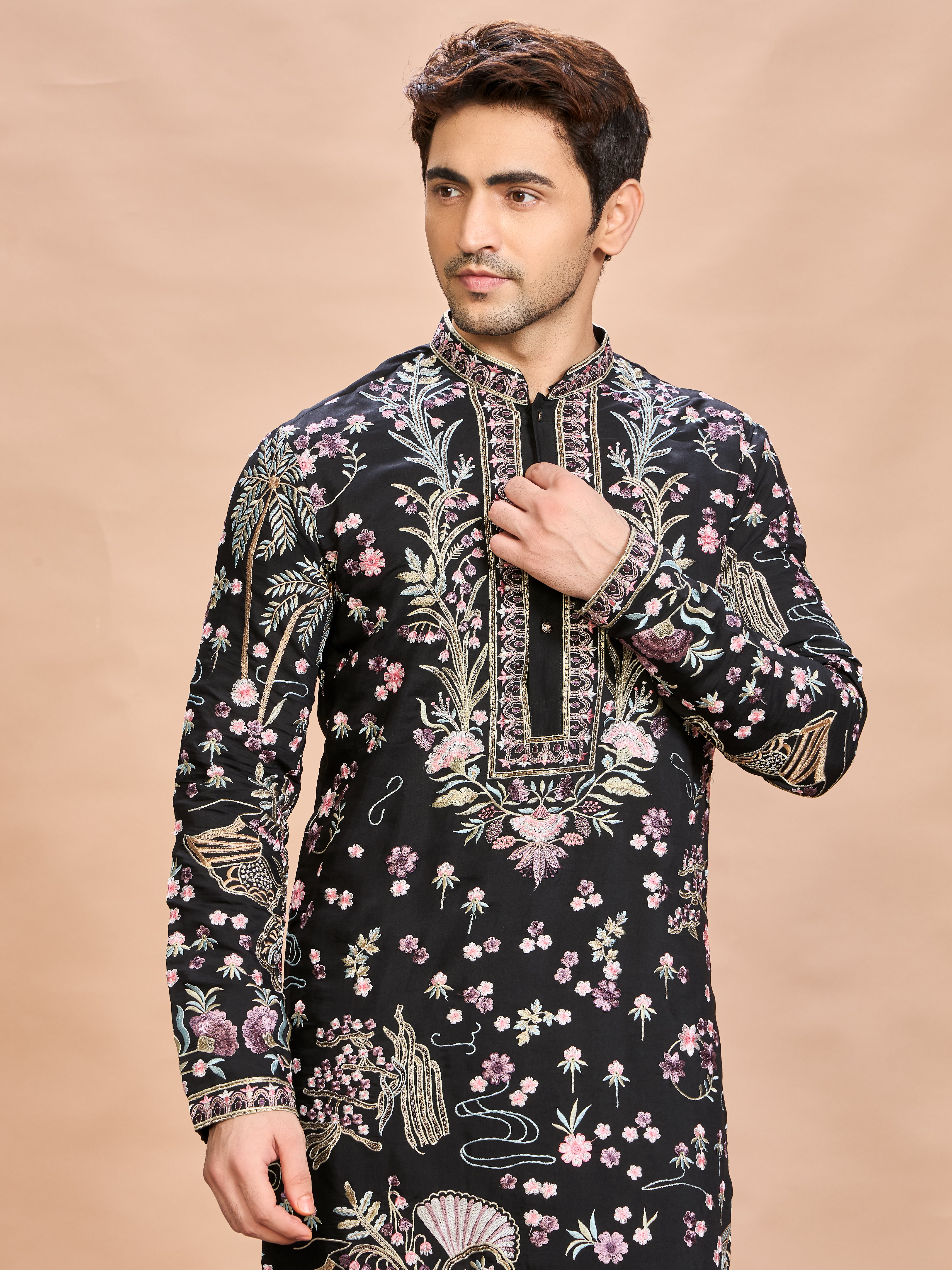 Black Silk Embroidered Kurta Set