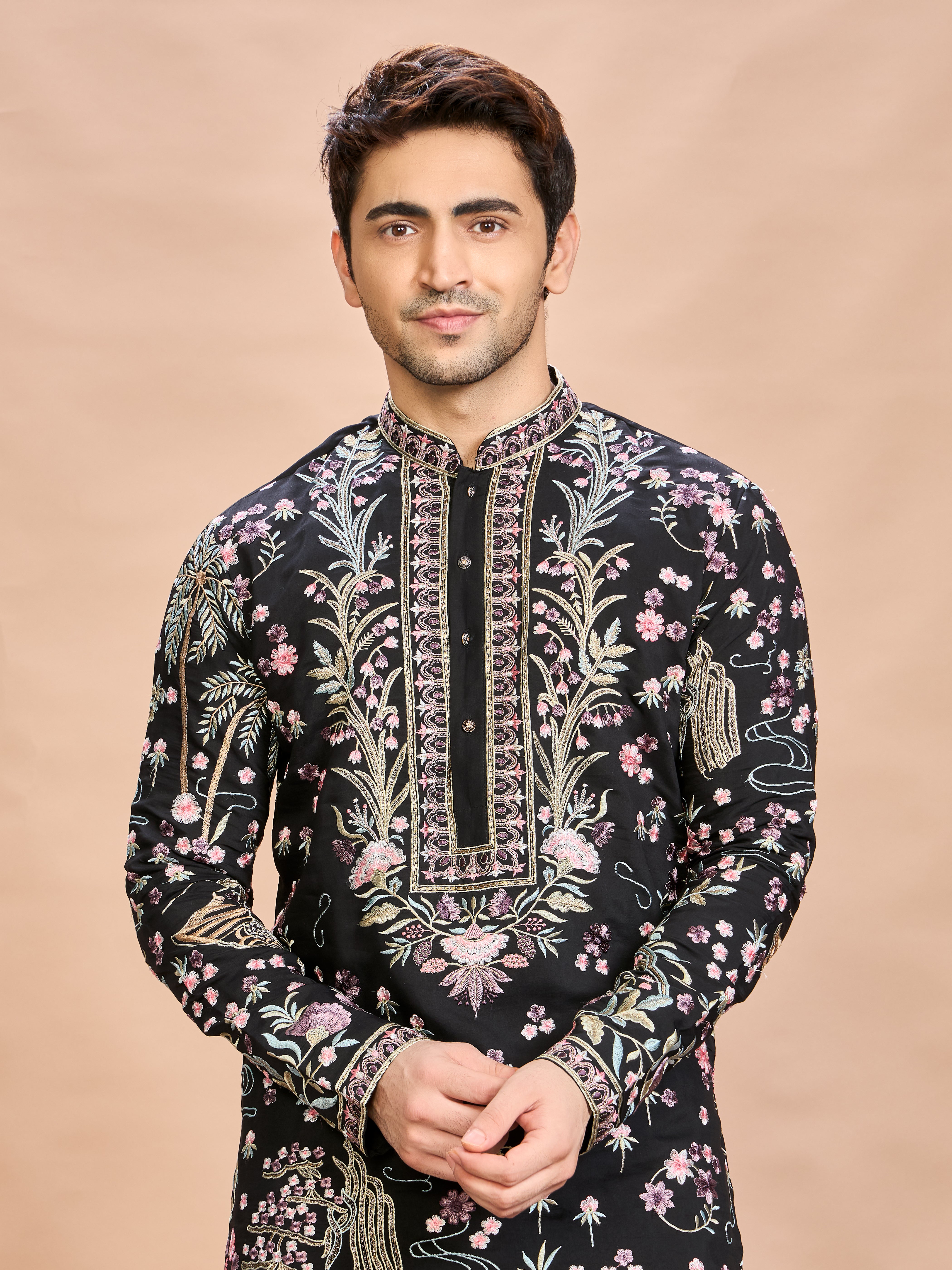 Black Silk Embroidered Kurta Set