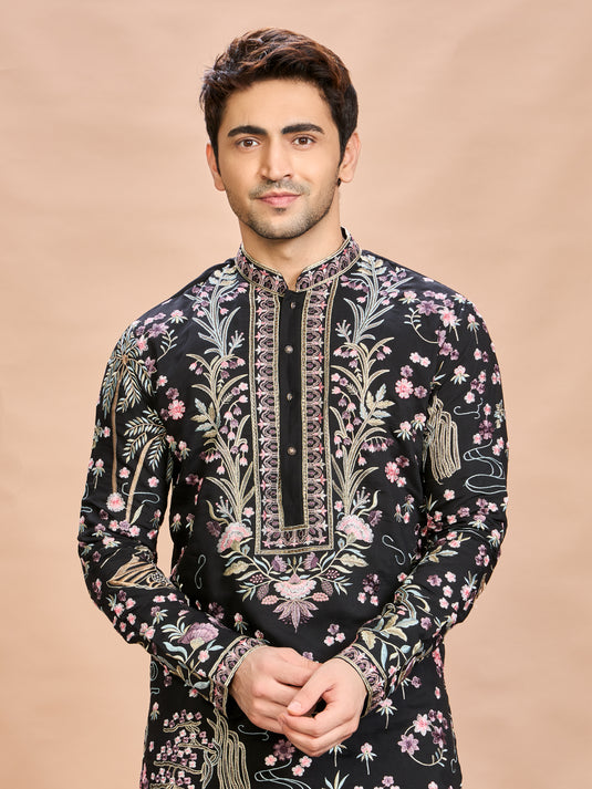Black Silk Embroidered Kurta Set
