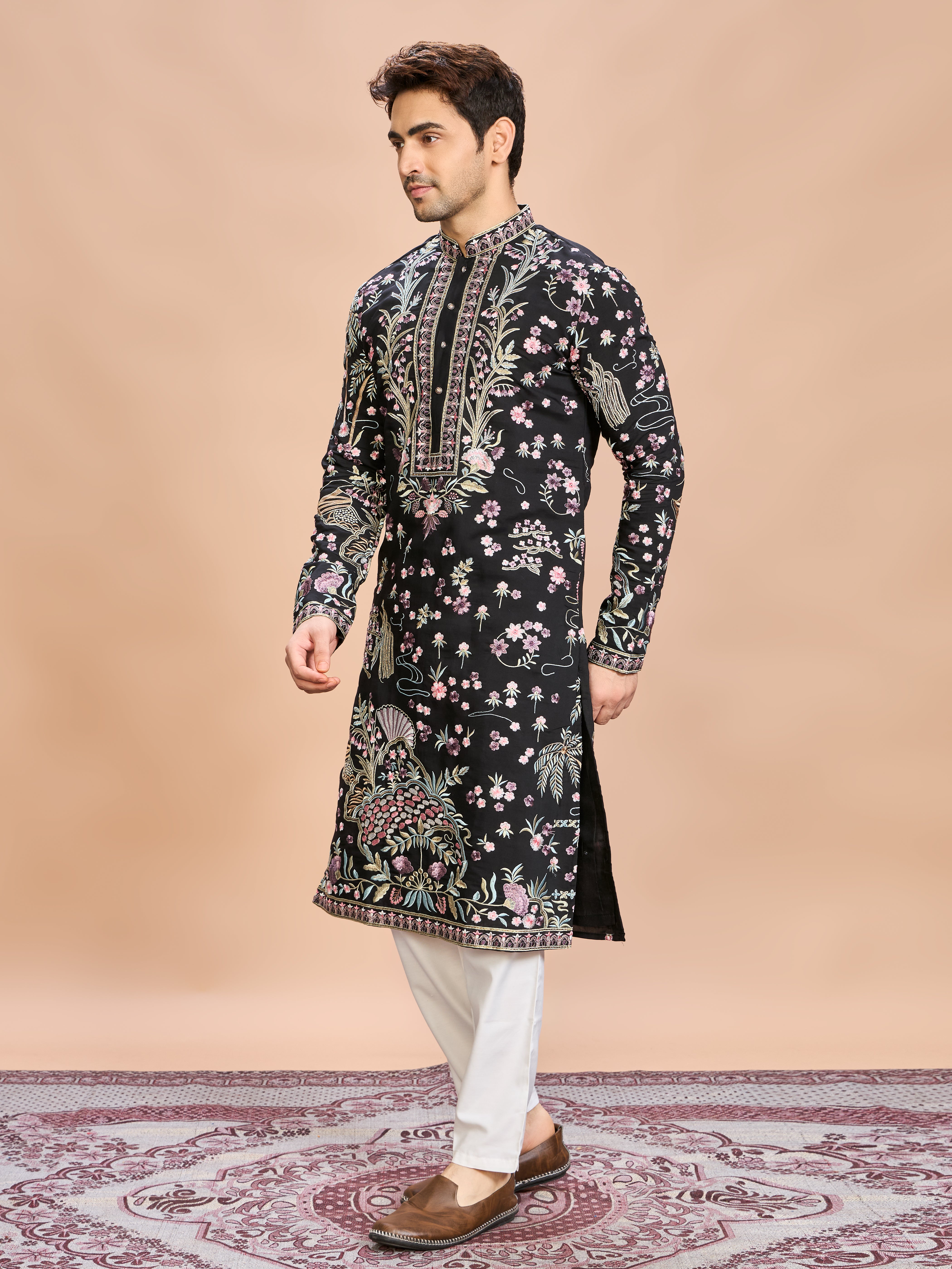 Black Silk Embroidered Kurta Set