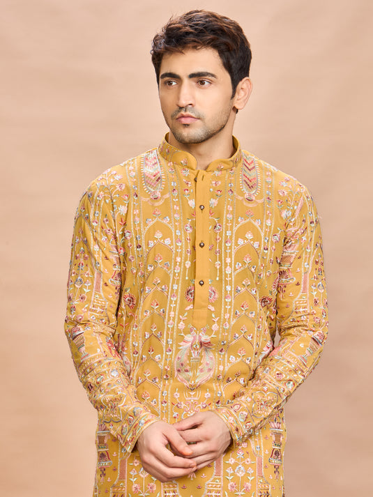 Yellow Georgette Embroidered Kurta Set