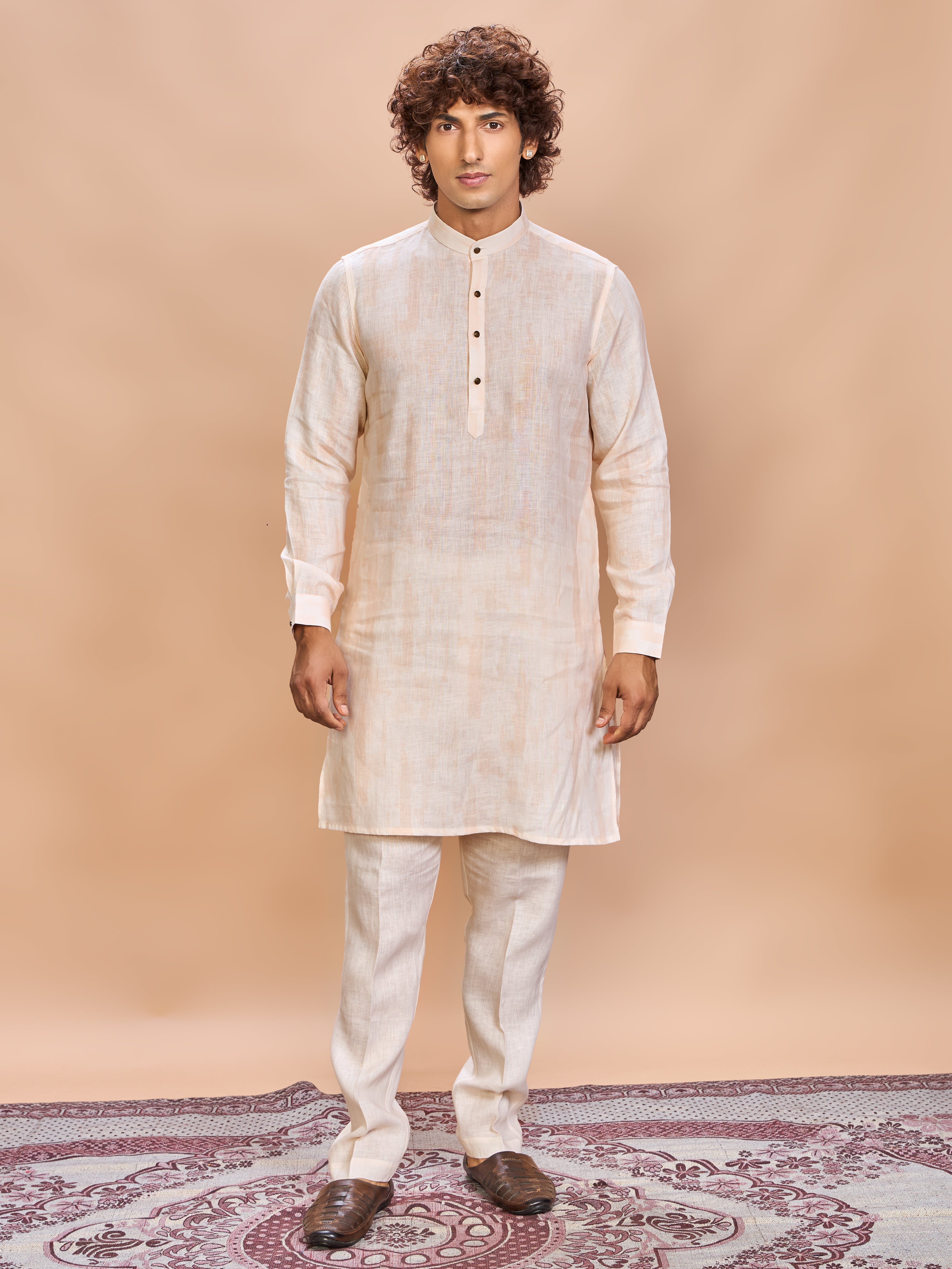 Peach Floral Linen Jacket Kurta Set for Men