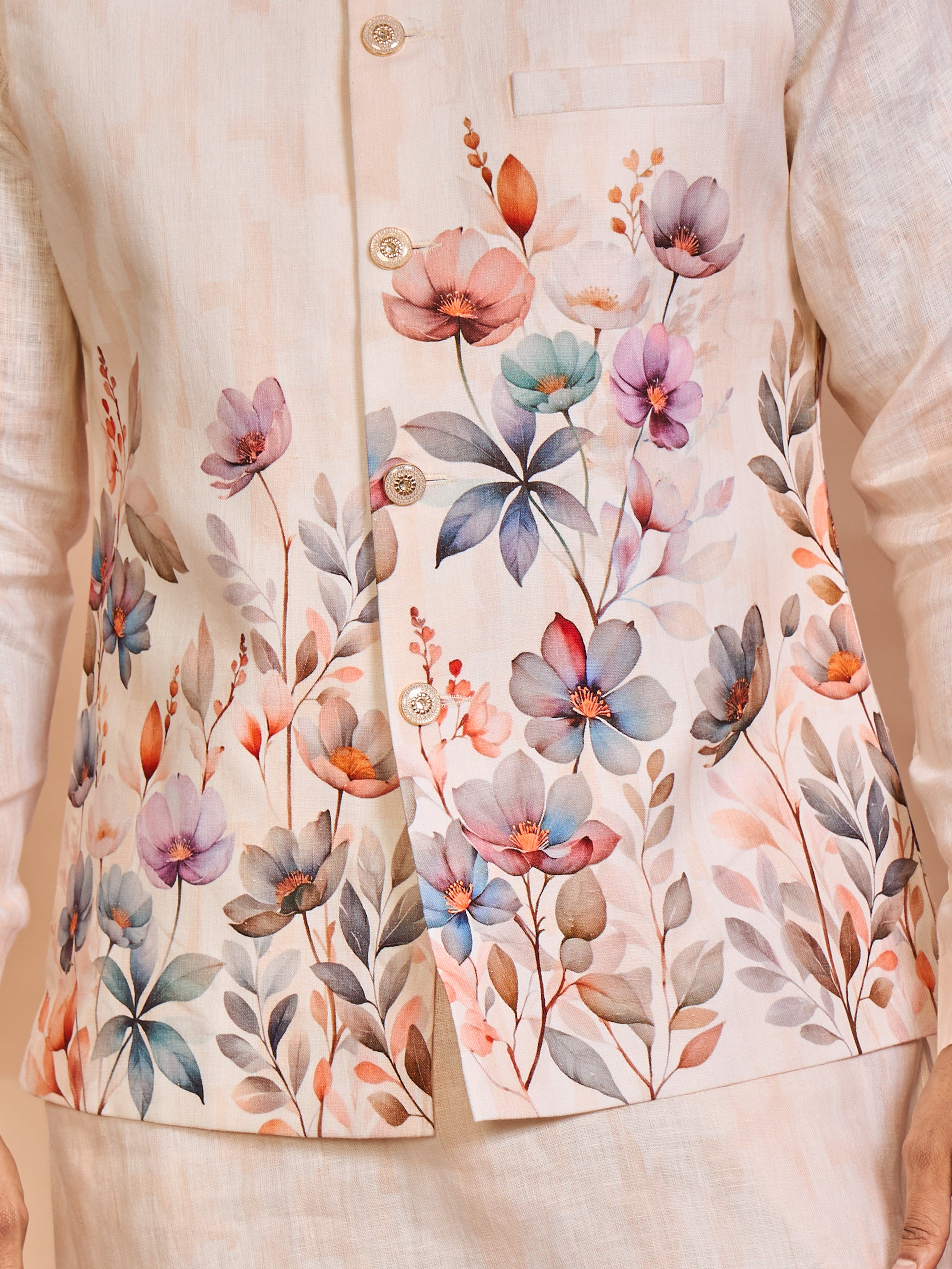 Peach Floral Linen Jacket Kurta Set for Men
