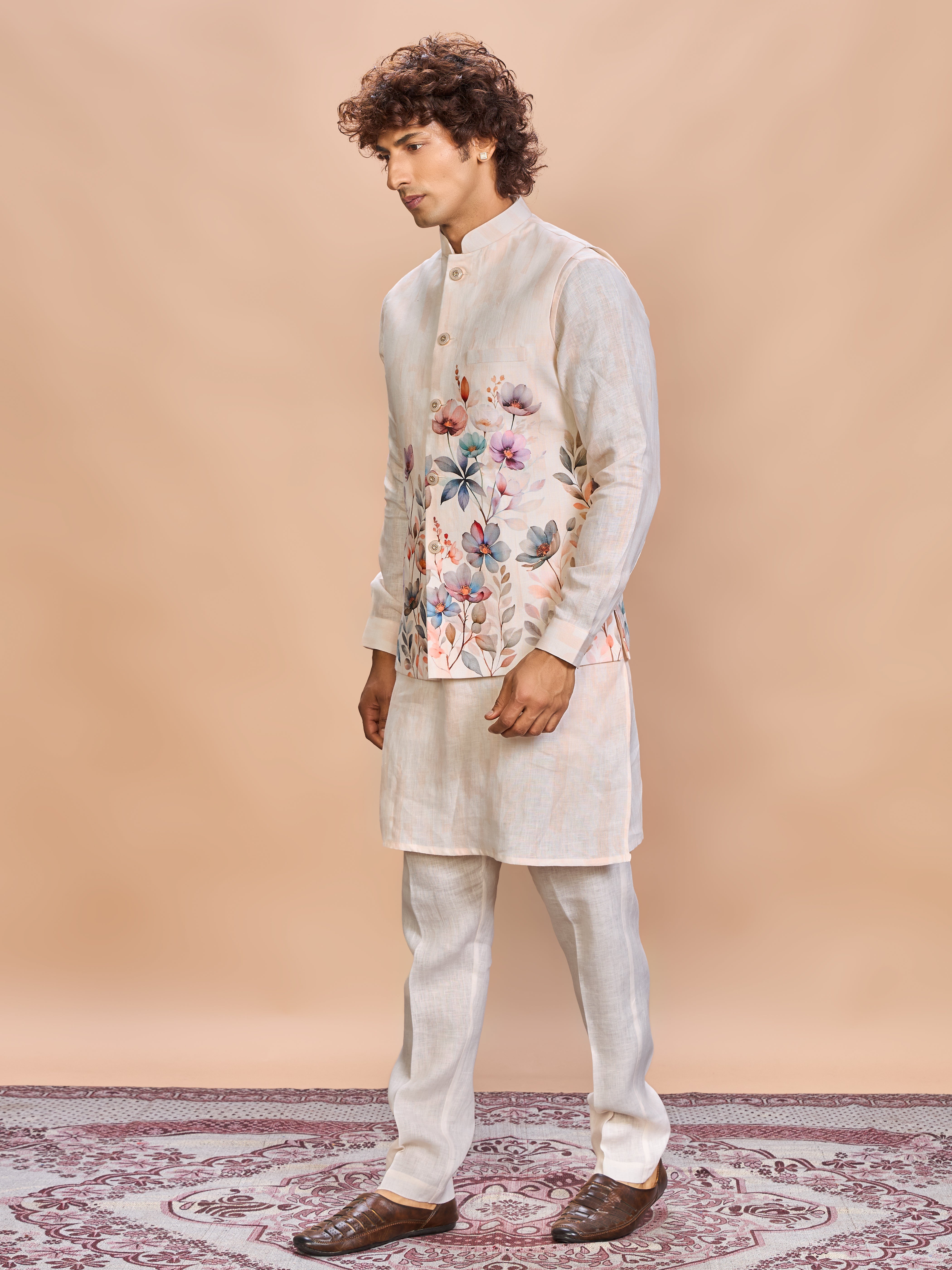 Peach Floral Linen Jacket Kurta Set for Men