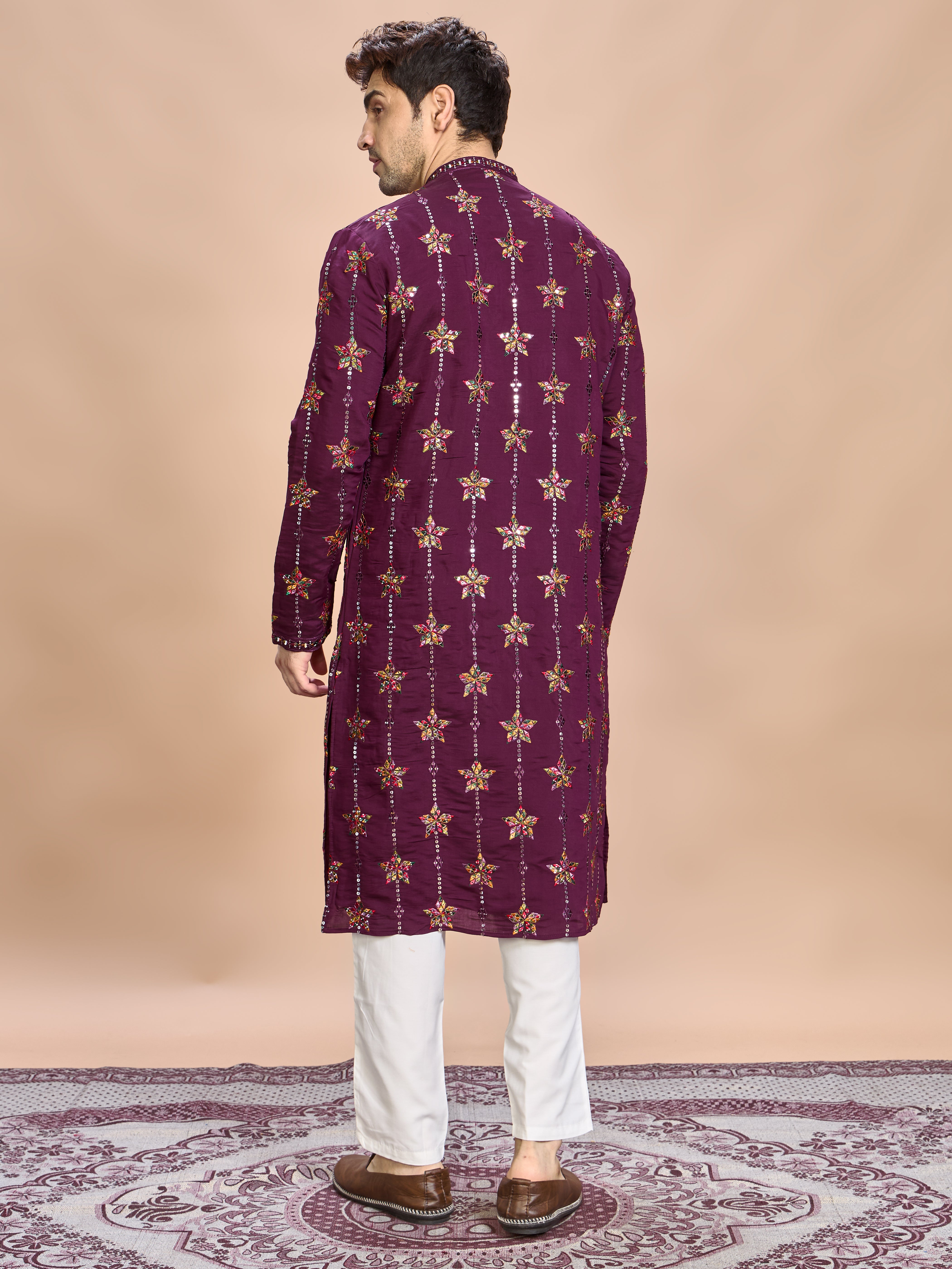 Wine Silk Embroidered Kurta Set