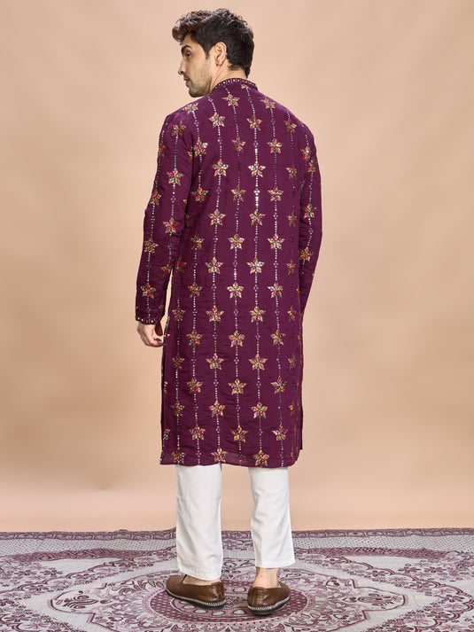 Wine Silk Embroidered Kurta Set