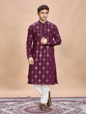 Wine Silk Embroidered Kurta Set