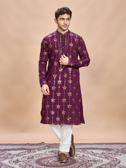 Wine Silk Embroidered Kurta Set