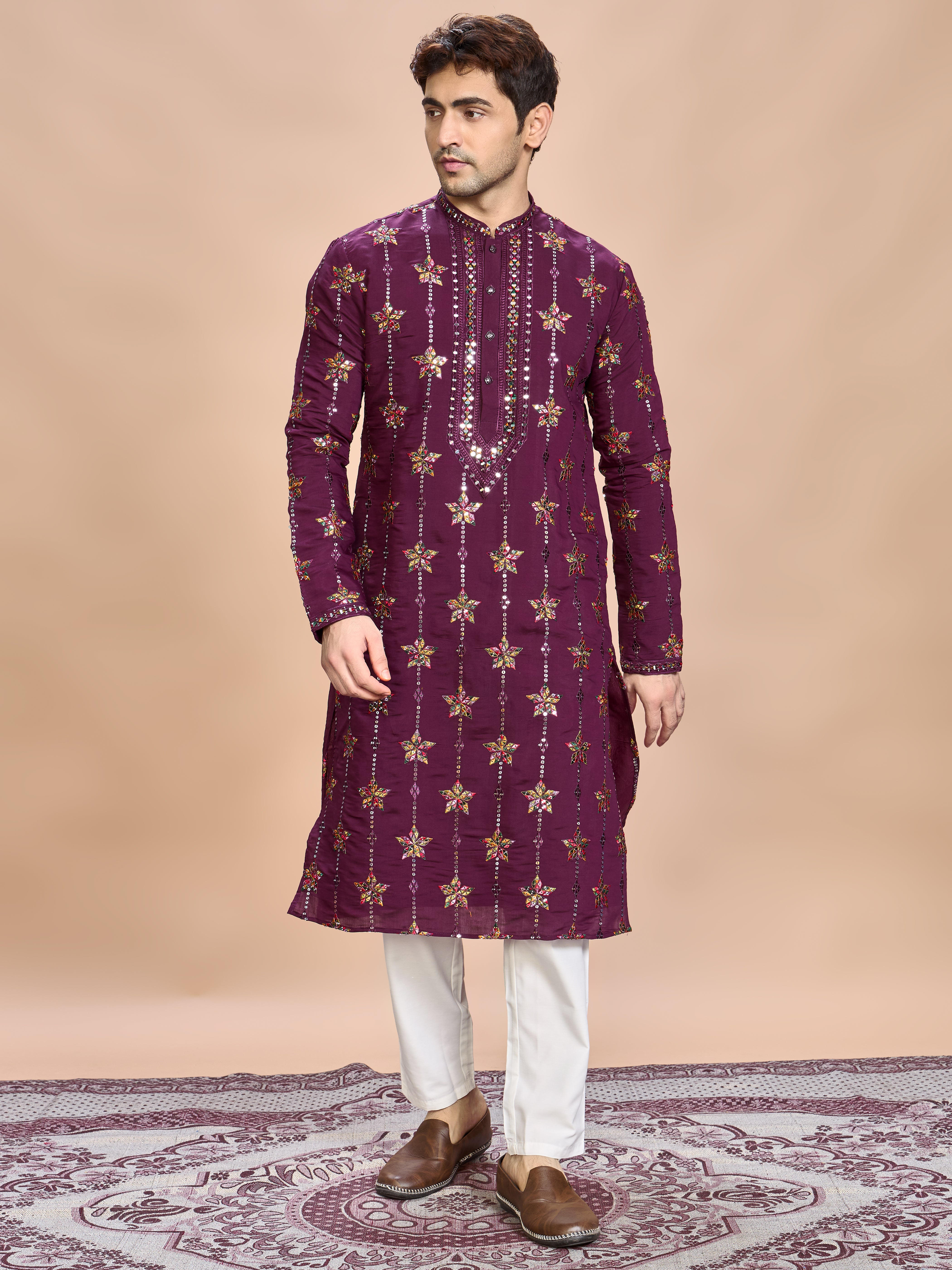 Wine Silk Embroidered Kurta Set