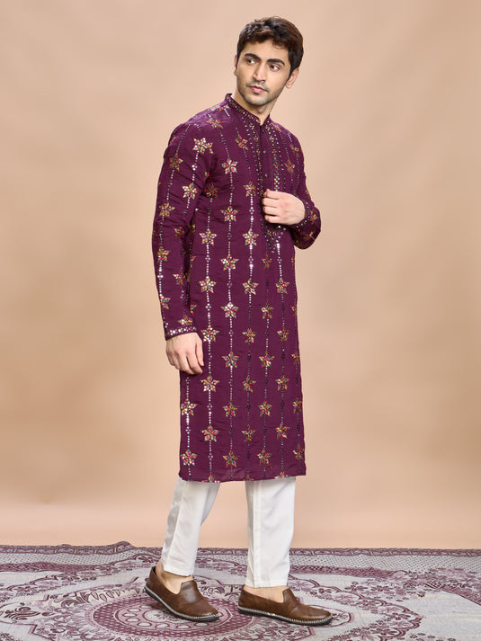 Wine Silk Embroidered Kurta Set