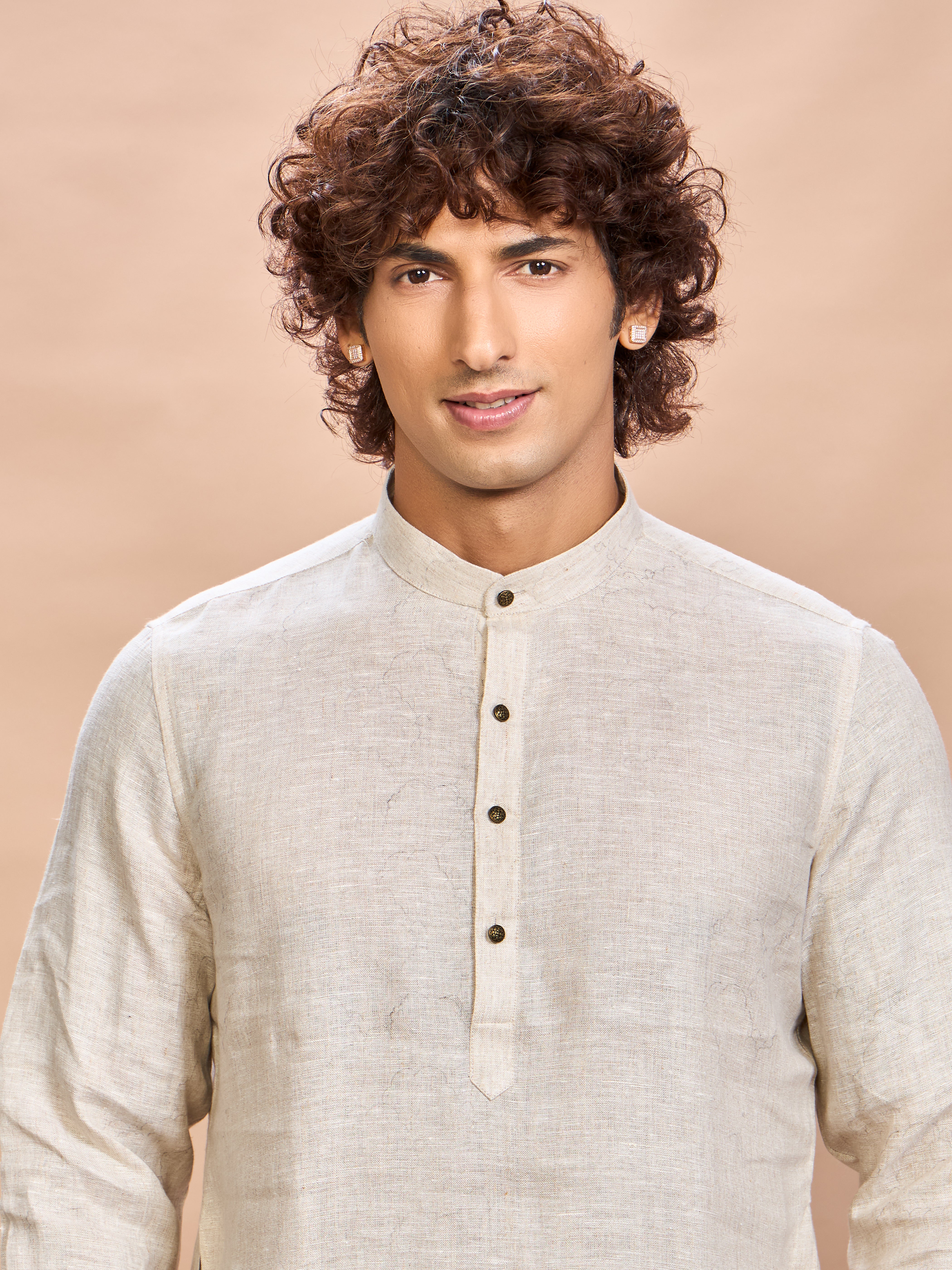 Grey Printed Linen Jacket Kurta Set for Men